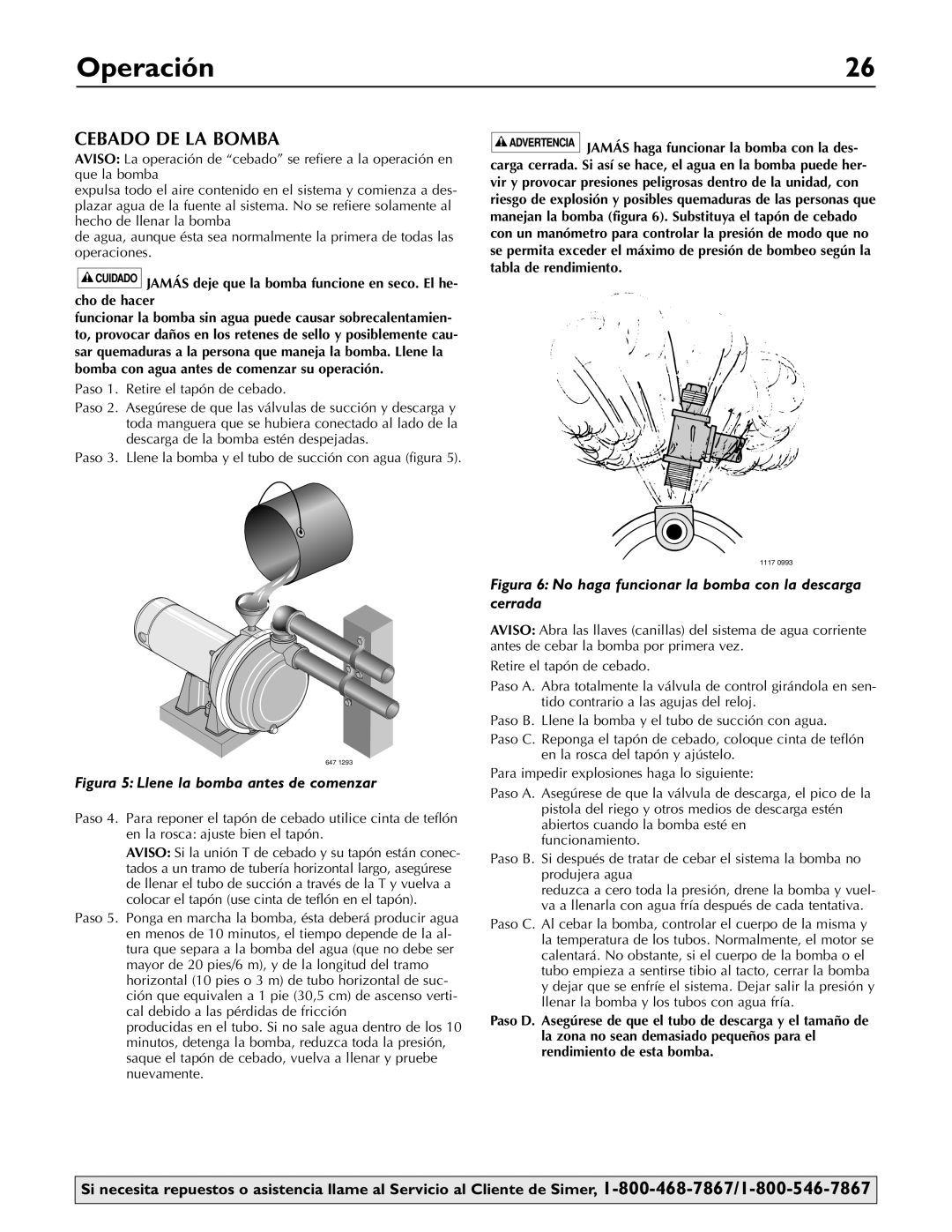 Simer Pumps 3420P, 3410P, 3415P owner manual Operación, Cebado DE LA Bomba 