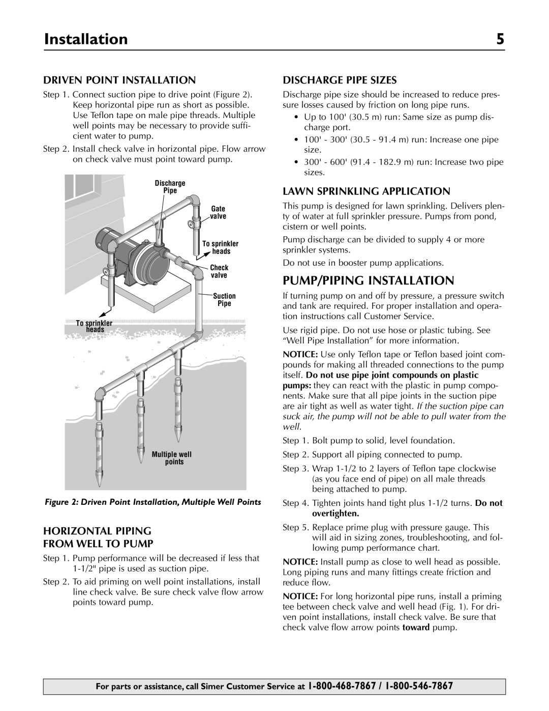 Simer Pumps 3420P, 3410P, 3415P PUMP/PIPING Installation, Driven Point Installation, Horizontal Piping From Well to Pump 