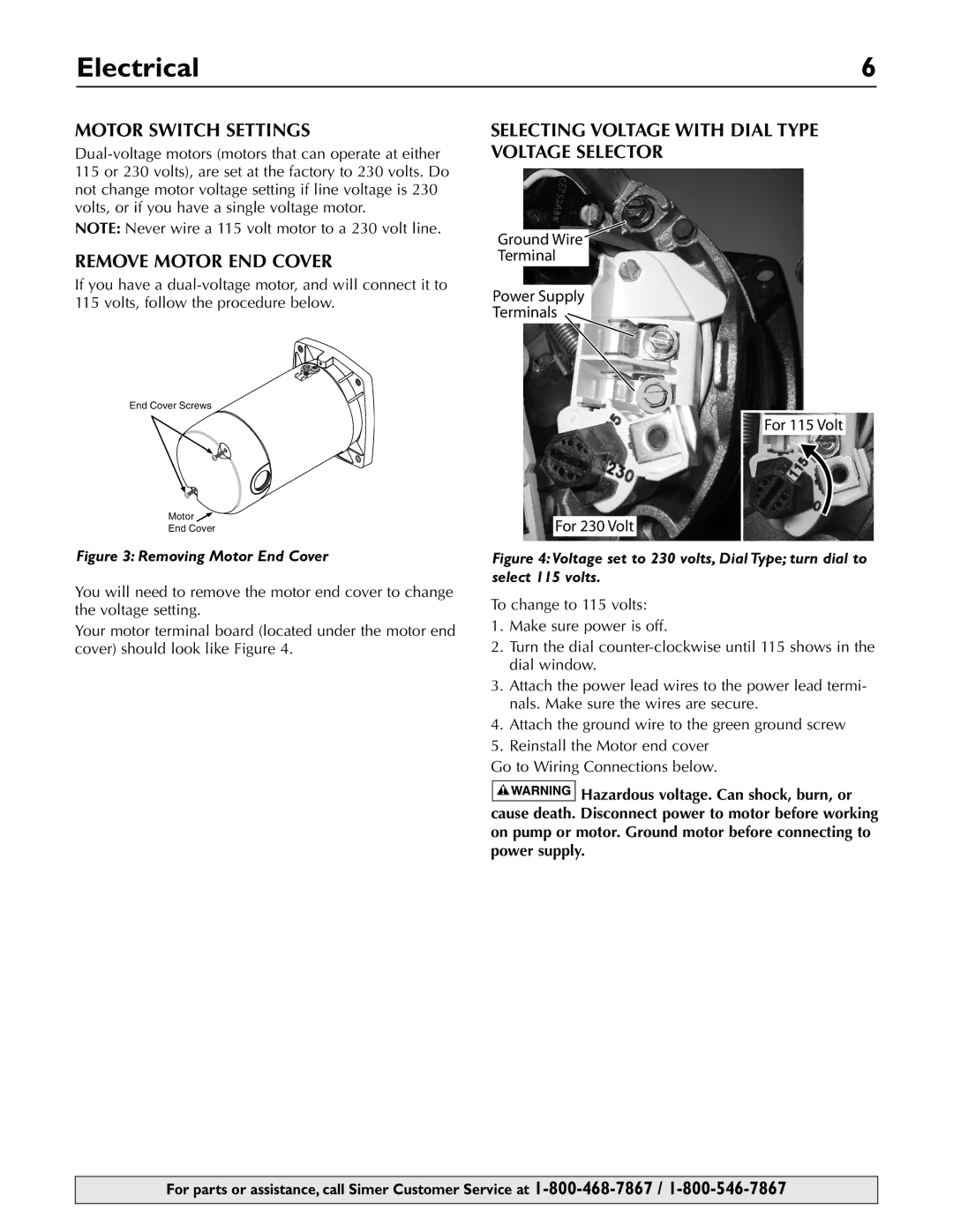 Simer Pumps 3410P, 3415P, 3420P owner manual Electrical, Motor Switch Settings, Remove Motor END Cover 