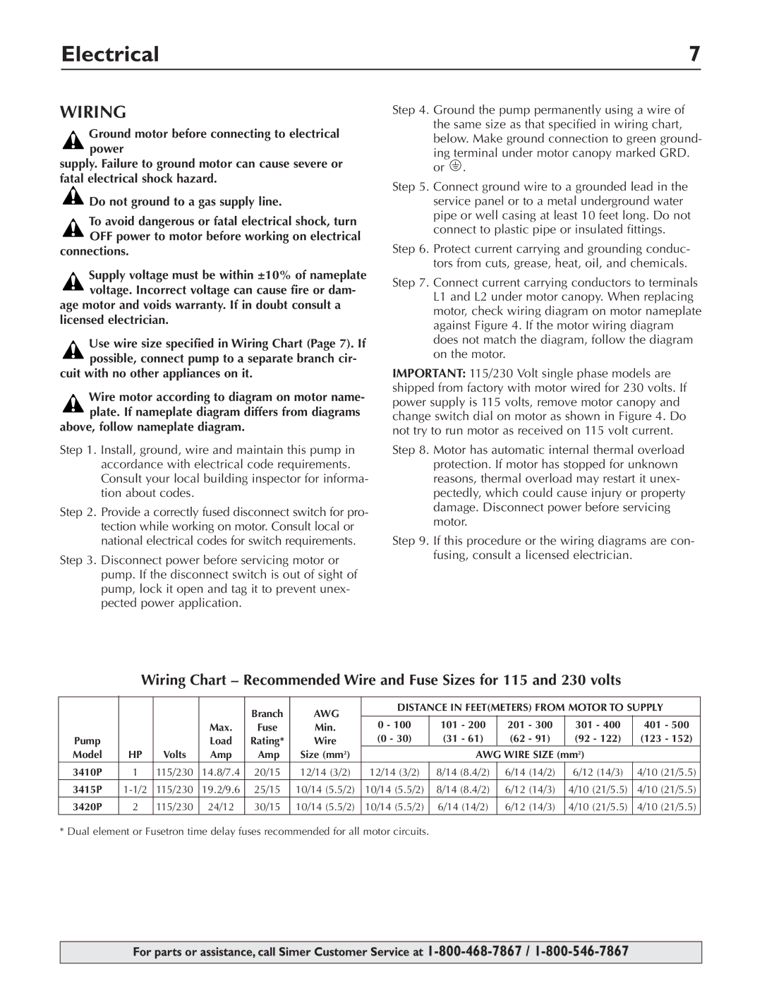 Simer Pumps 3415P, 3410P, 3420P owner manual Wiring, Connections 