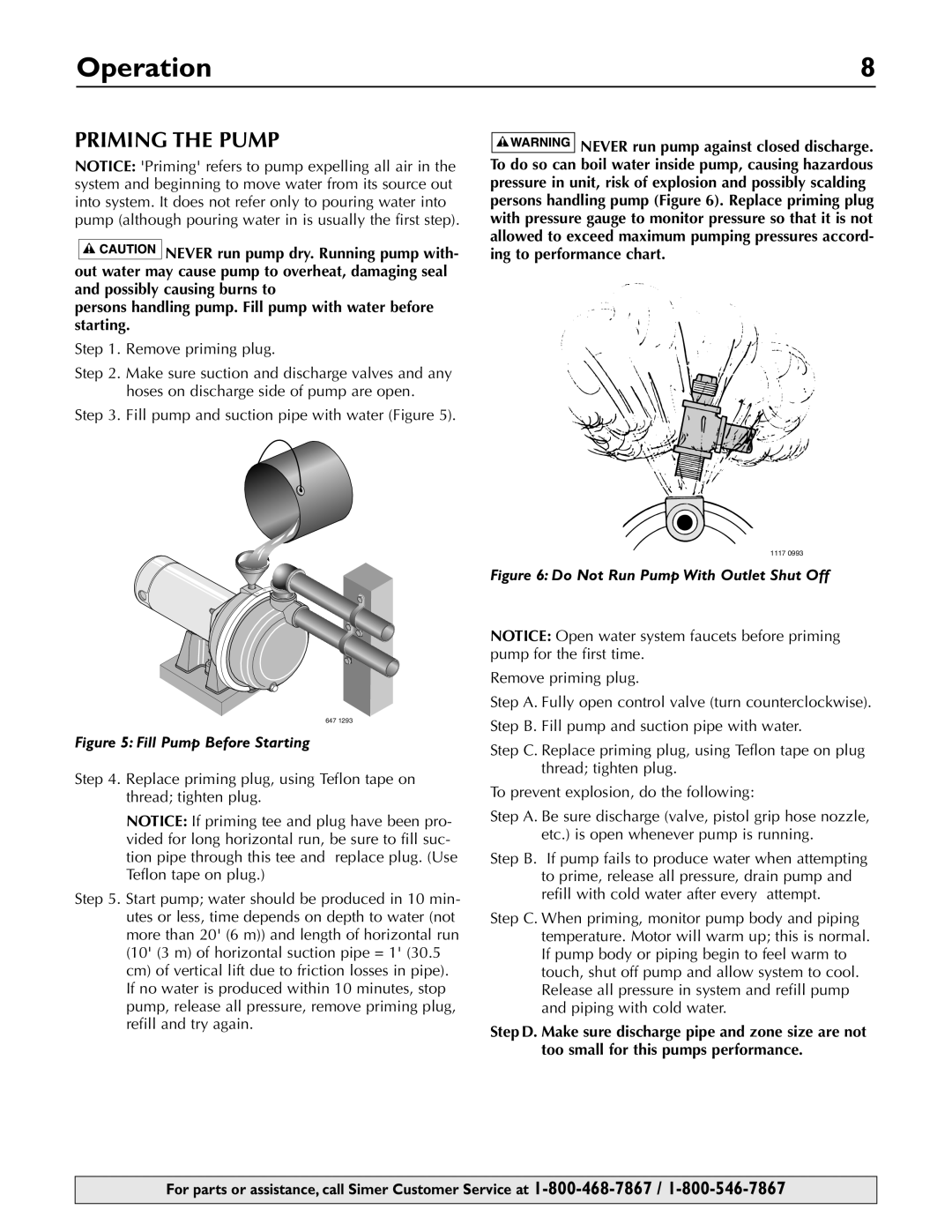 Simer Pumps 3420P, 3410P, 3415P owner manual Operation, Priming the Pump 