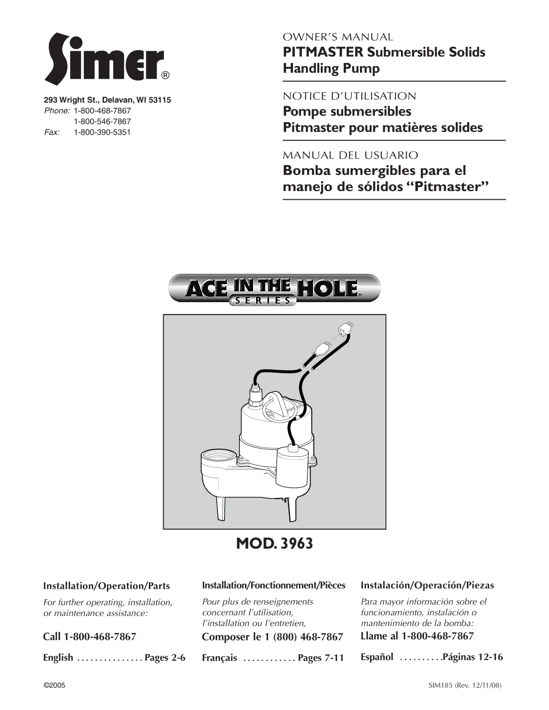 Simer Pumps 3963 owner manual Mod, Bomba sumergibles para el manejo de sólidos Pitmaster 