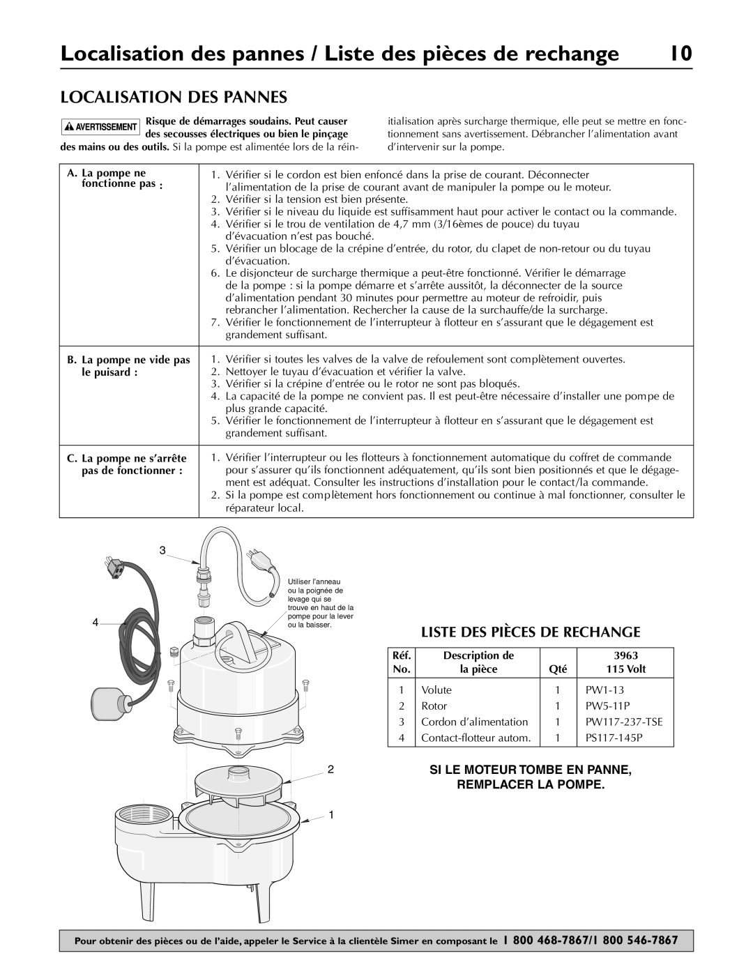 Simer Pumps 3963 owner manual Localisation des pannes / Liste des pièces de rechange, Localisation DES Pannes 