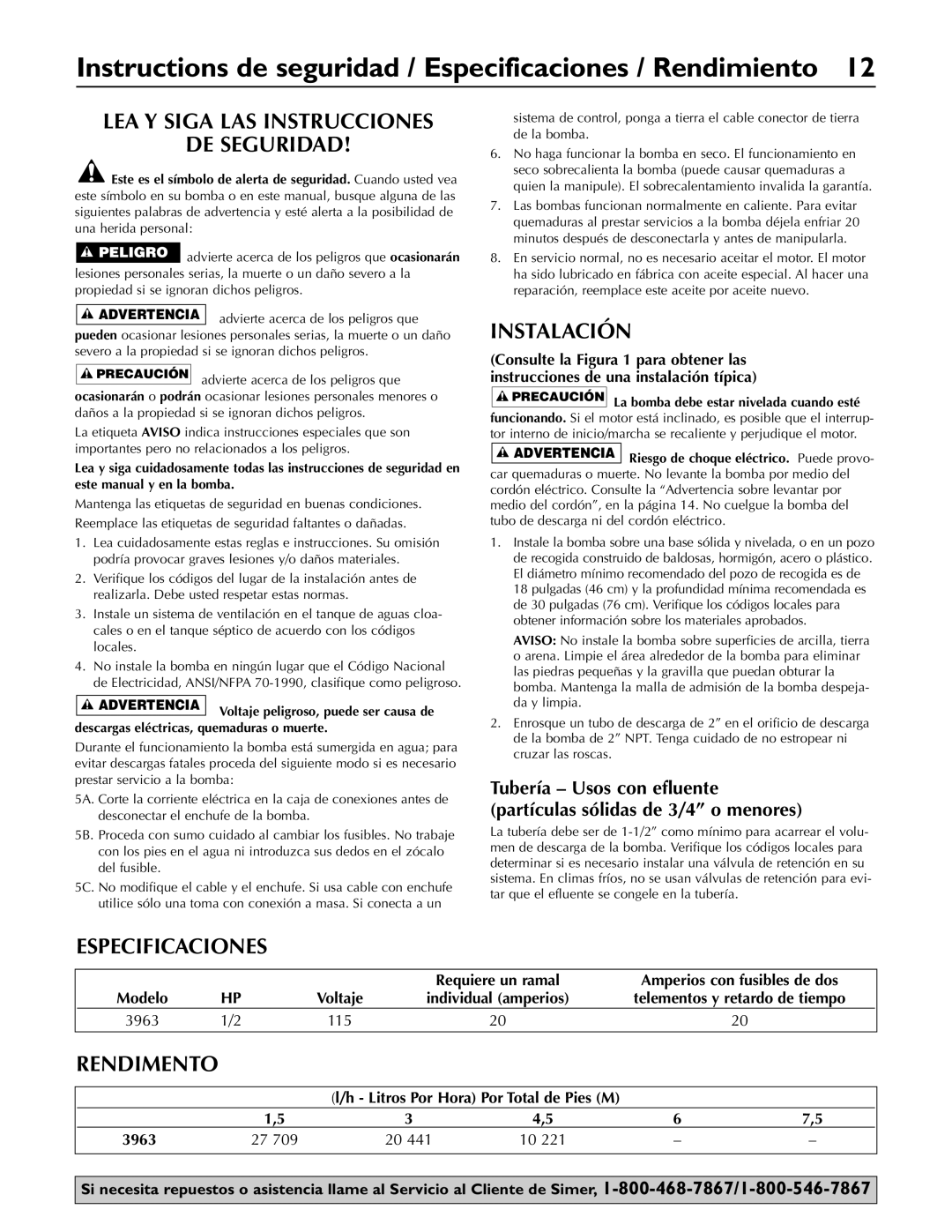 Simer Pumps 3963 Instructions de seguridad / Especificaciones / Rendimiento, LEA Y Siga LAS Instrucciones DE Seguridad 