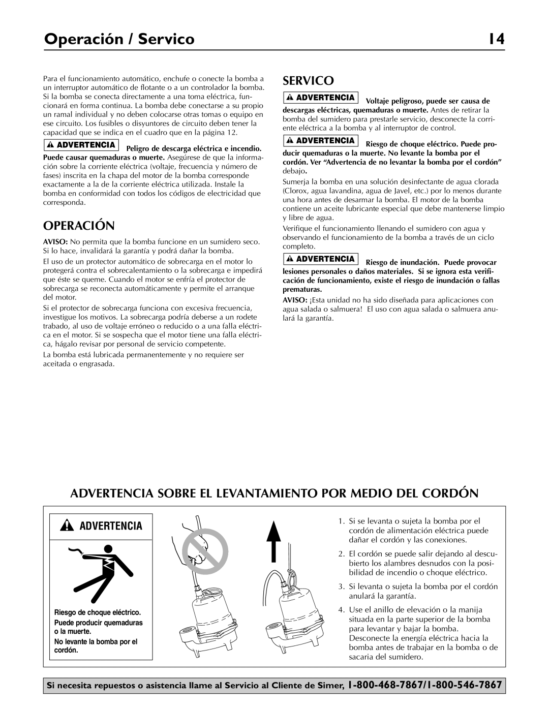 Simer Pumps 3963 owner manual Operación / Servico, Advertencia Sobre EL Levantamiento POR Medio DEL Cordón 