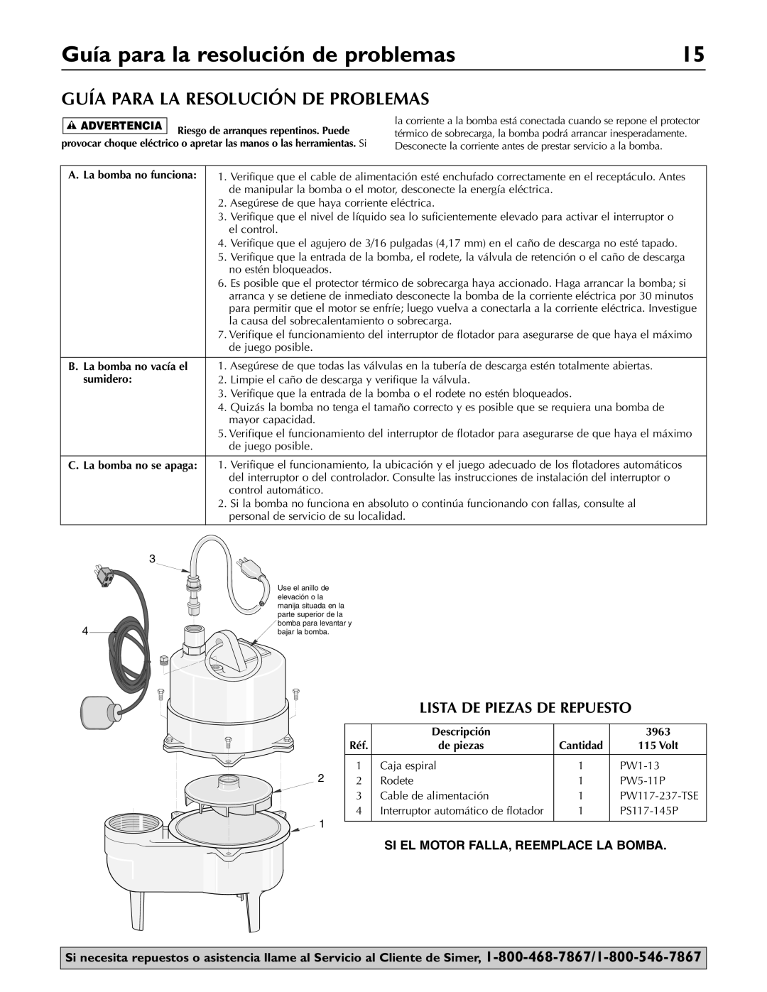 Simer Pumps 3963 owner manual Guía para la resolución de problemas, Guía Para LA Resolución DE Problemas 