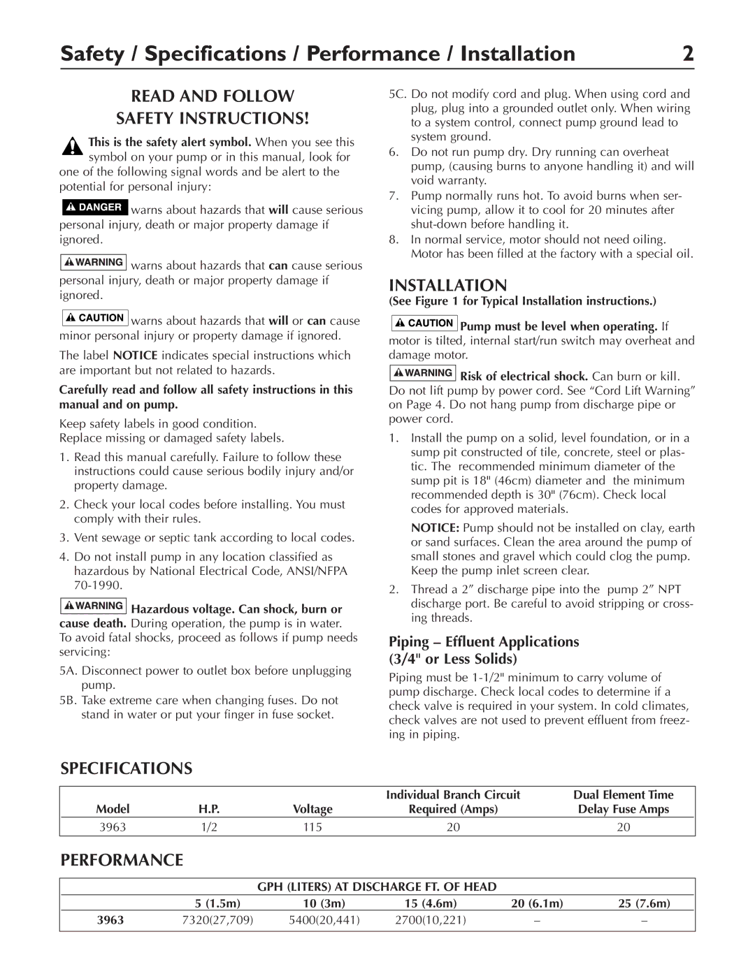 Simer Pumps 3963 owner manual Safety / Specifications / Performance / Installation, Read and Follow Safety Instructions 