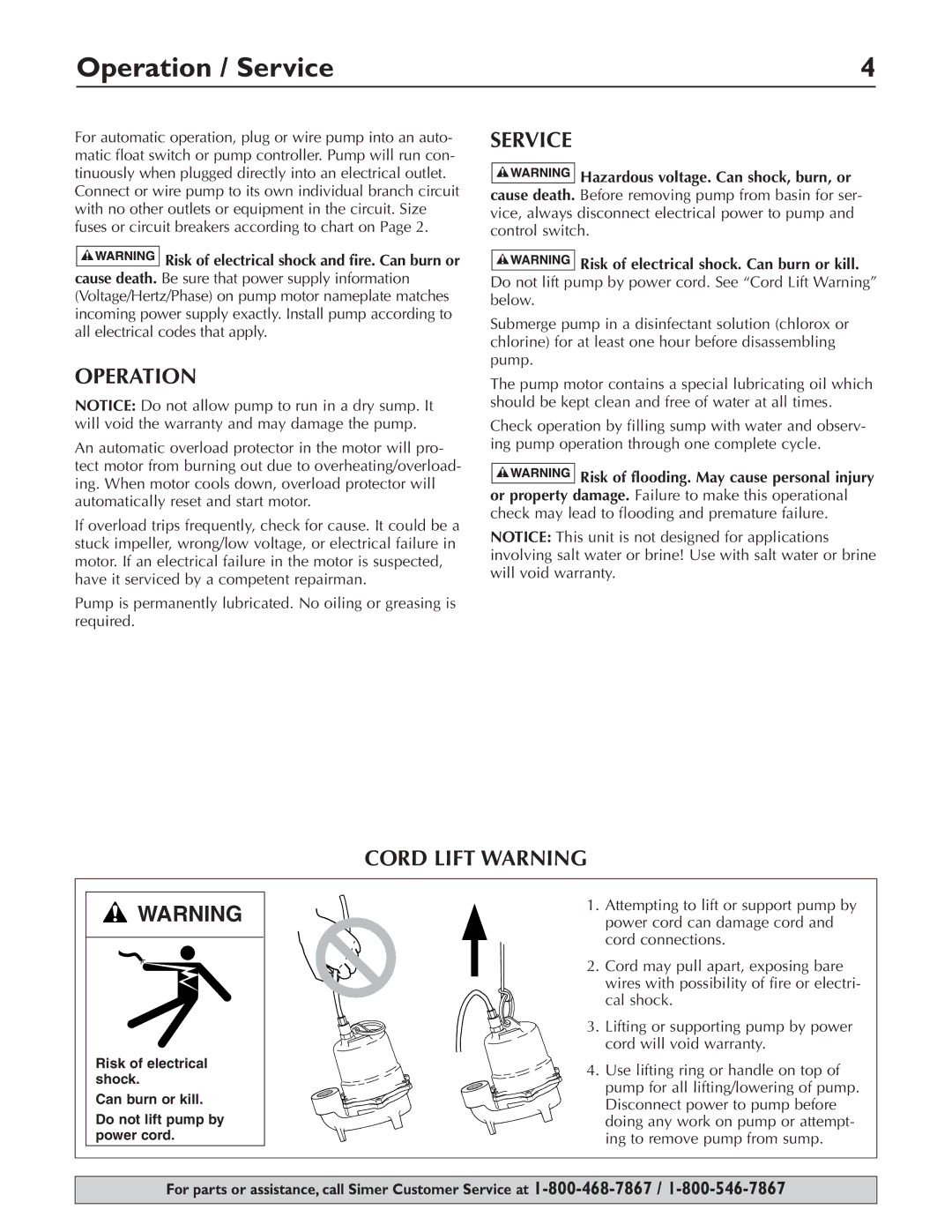 Simer Pumps 3963 owner manual Operation / Service, Cord Lift Warning 