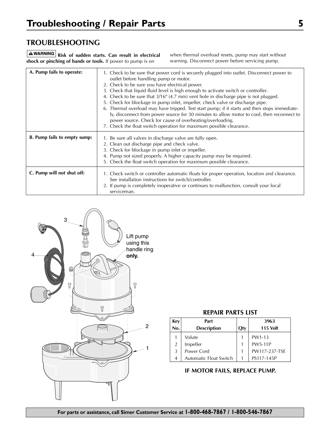 Simer Pumps 3963 owner manual Troubleshooting / Repair Parts 