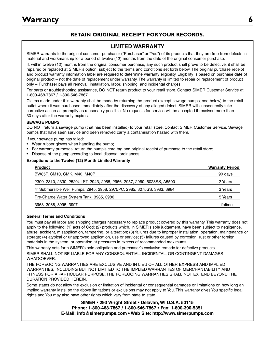 Simer Pumps 3963 owner manual Limited Warranty 