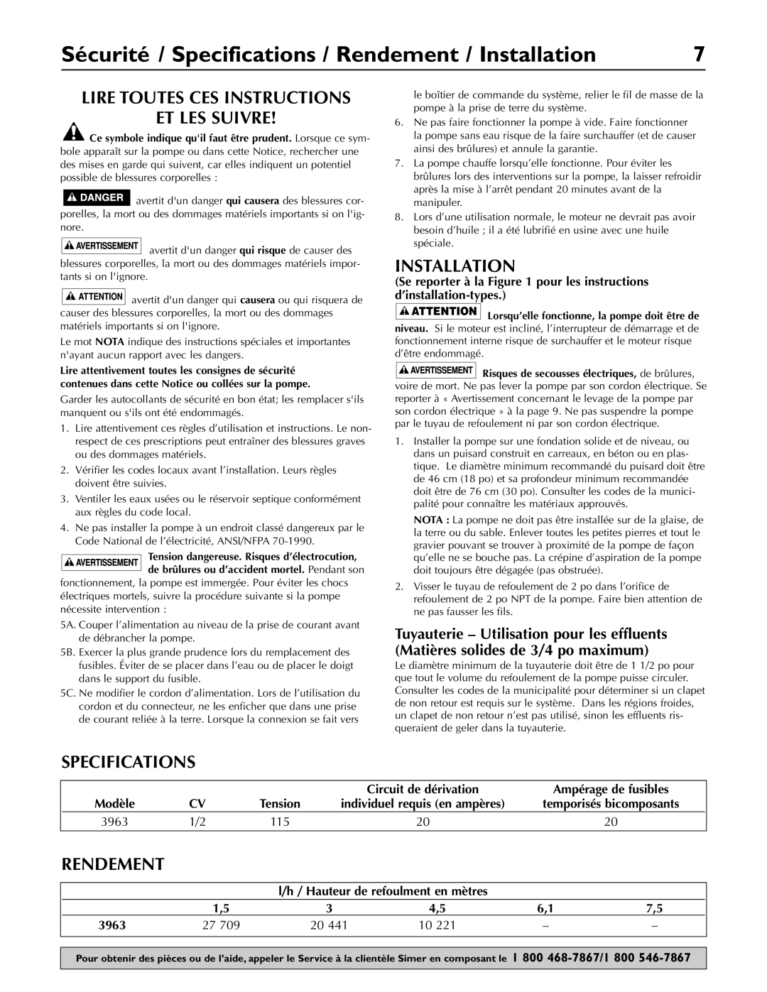 Simer Pumps 3963 Sécurité / Specifications / Rendement / Installation, Lire Toutes CES Instructions ET LES Suivre 