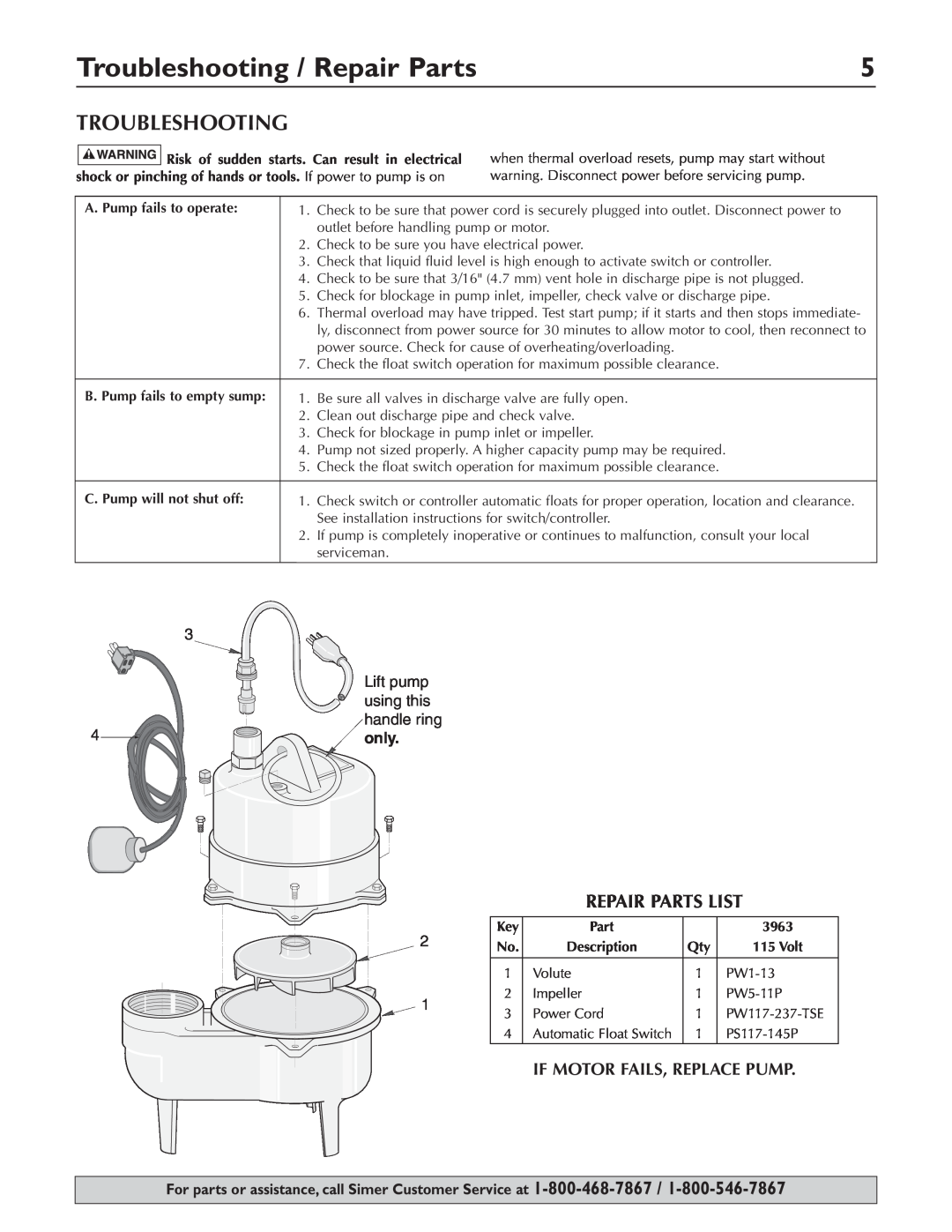 Simer Pumps 3963 owner manual Troubleshooting / Repair Parts, Repair Parts List, If Motor Fails, Replace Pump 