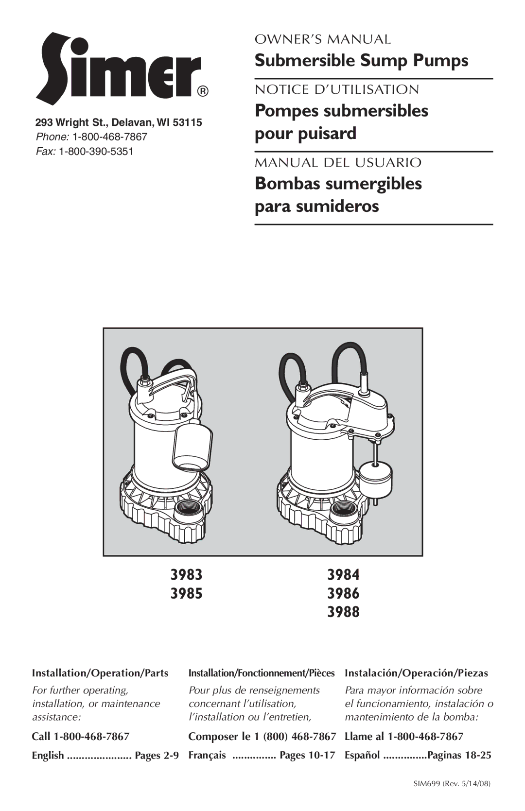 Simer Pumps 3983, 3985 owner manual 3984, 3986, 3988, Phone 