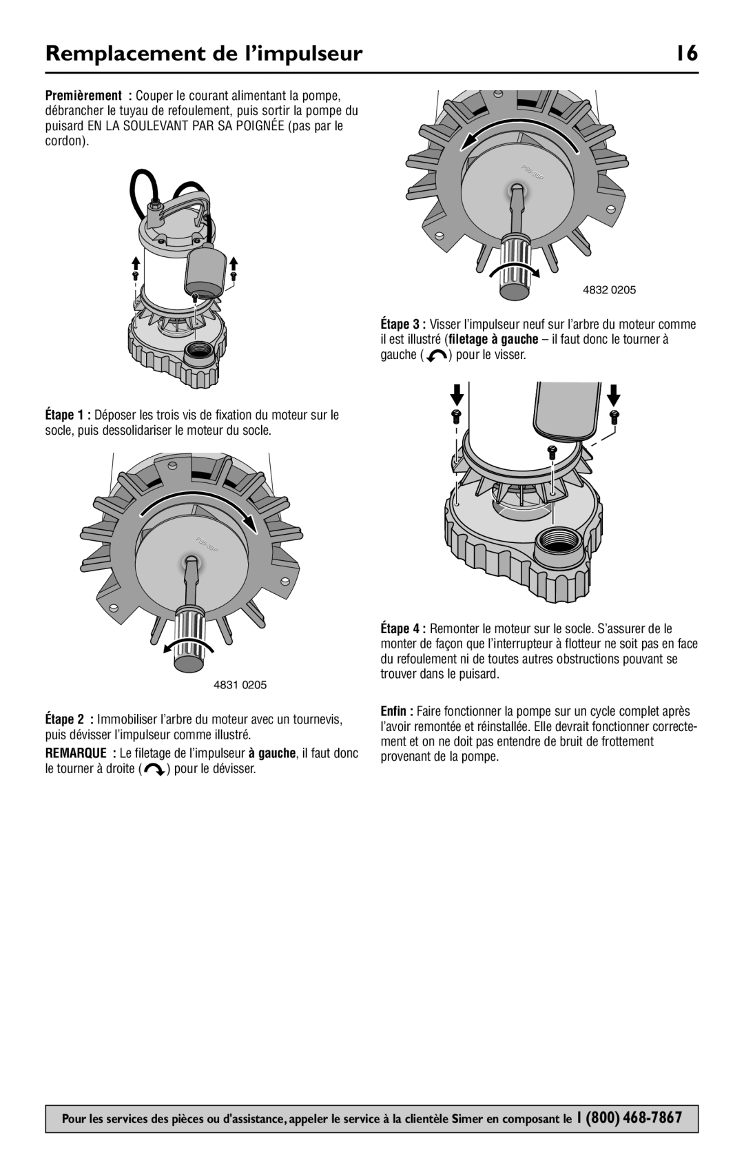 Simer Pumps 3983, 3985, 3988, 3984, 3986 owner manual Remplacement de l’impulseur, Gauche pour le visser 