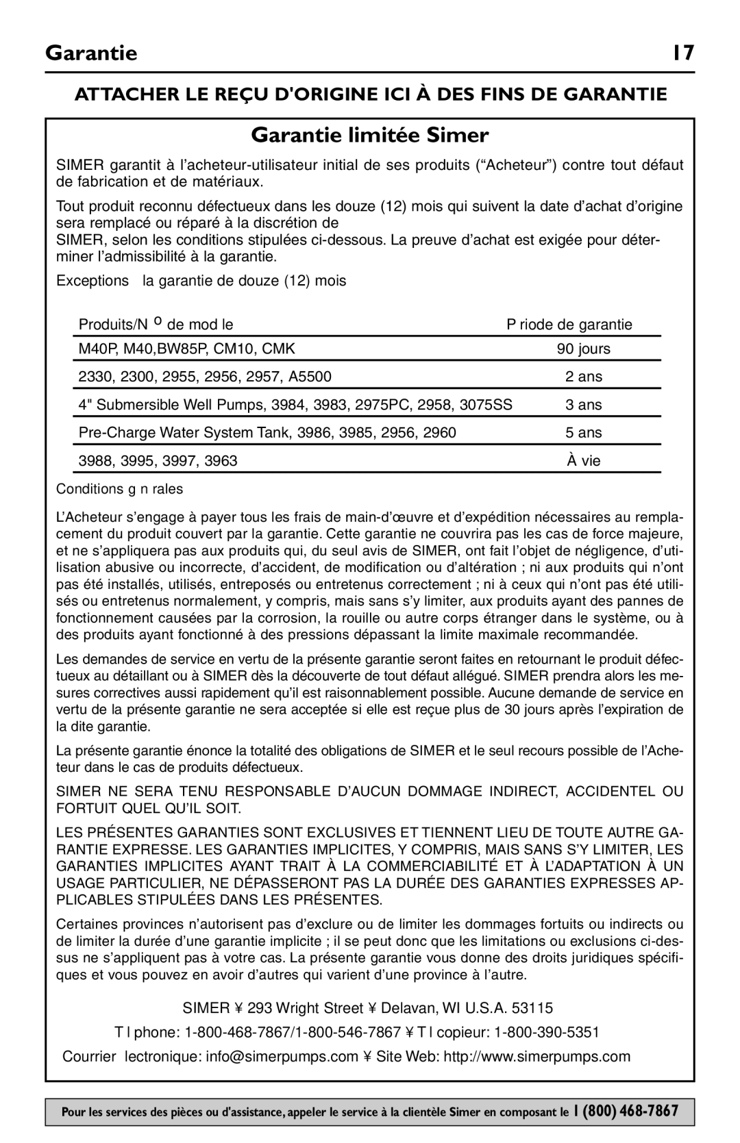 Simer Pumps 3988, 3985, 3983, 3984, 3986 owner manual Garantie limitée Simer 