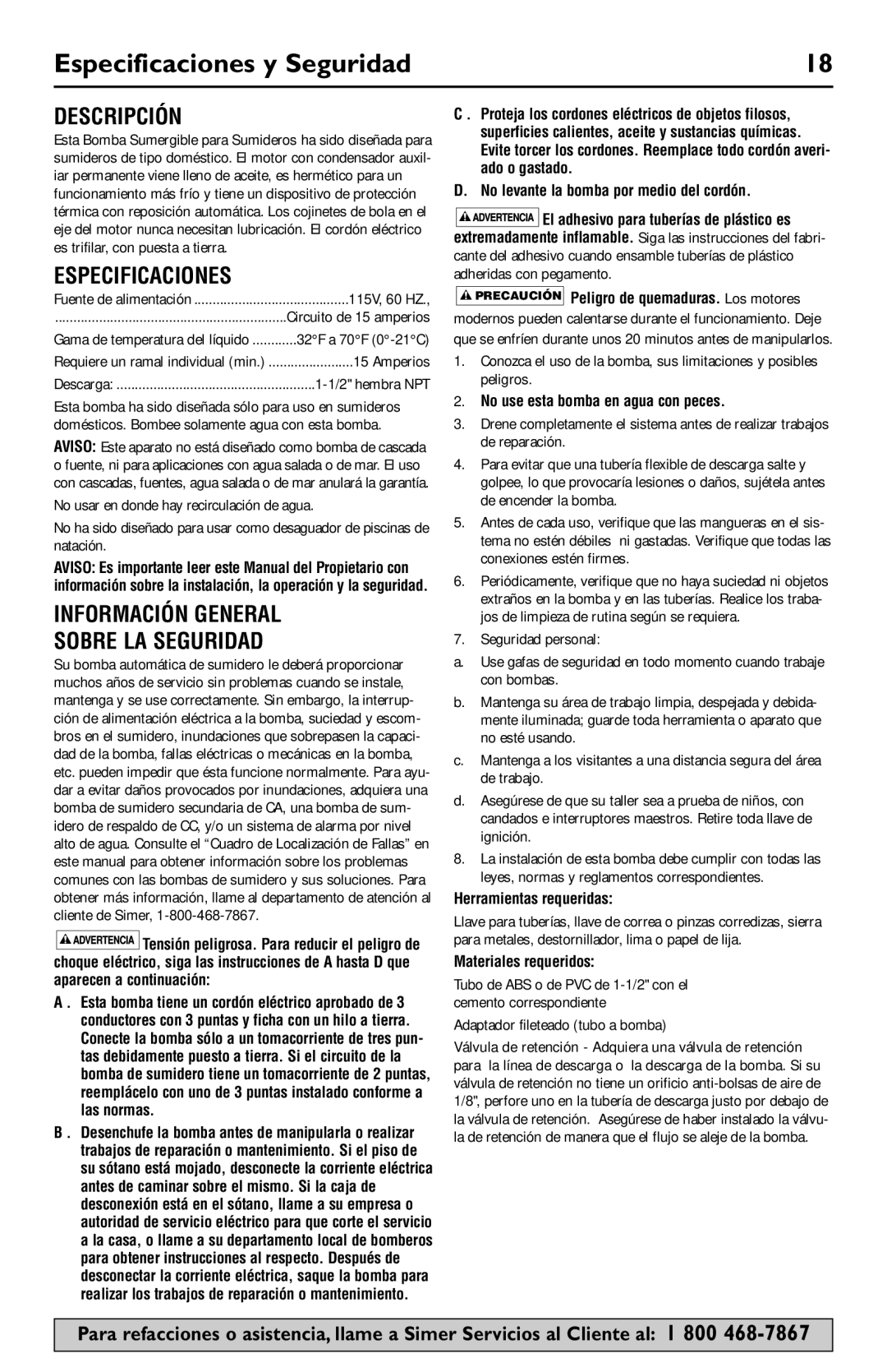 Simer Pumps 3984, 3985, 3983, 3988, 3986 Especificaciones y Seguridad, Descripción, Información General Sobre LA Seguridad 