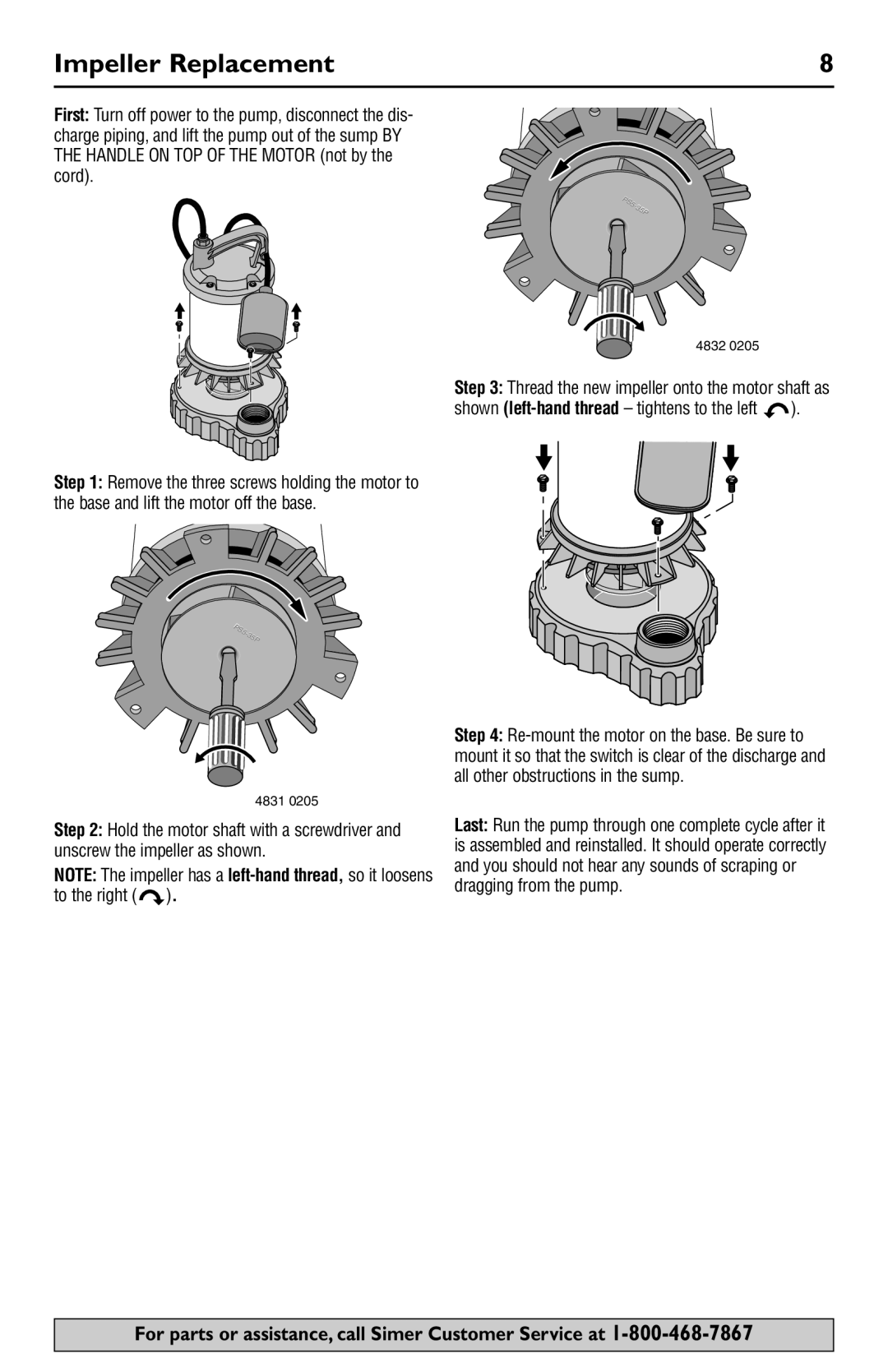 Simer Pumps 3984, 3985, 3983, 3988, 3986 owner manual Impeller Replacement, Shown left-hand thread tightens to the left 