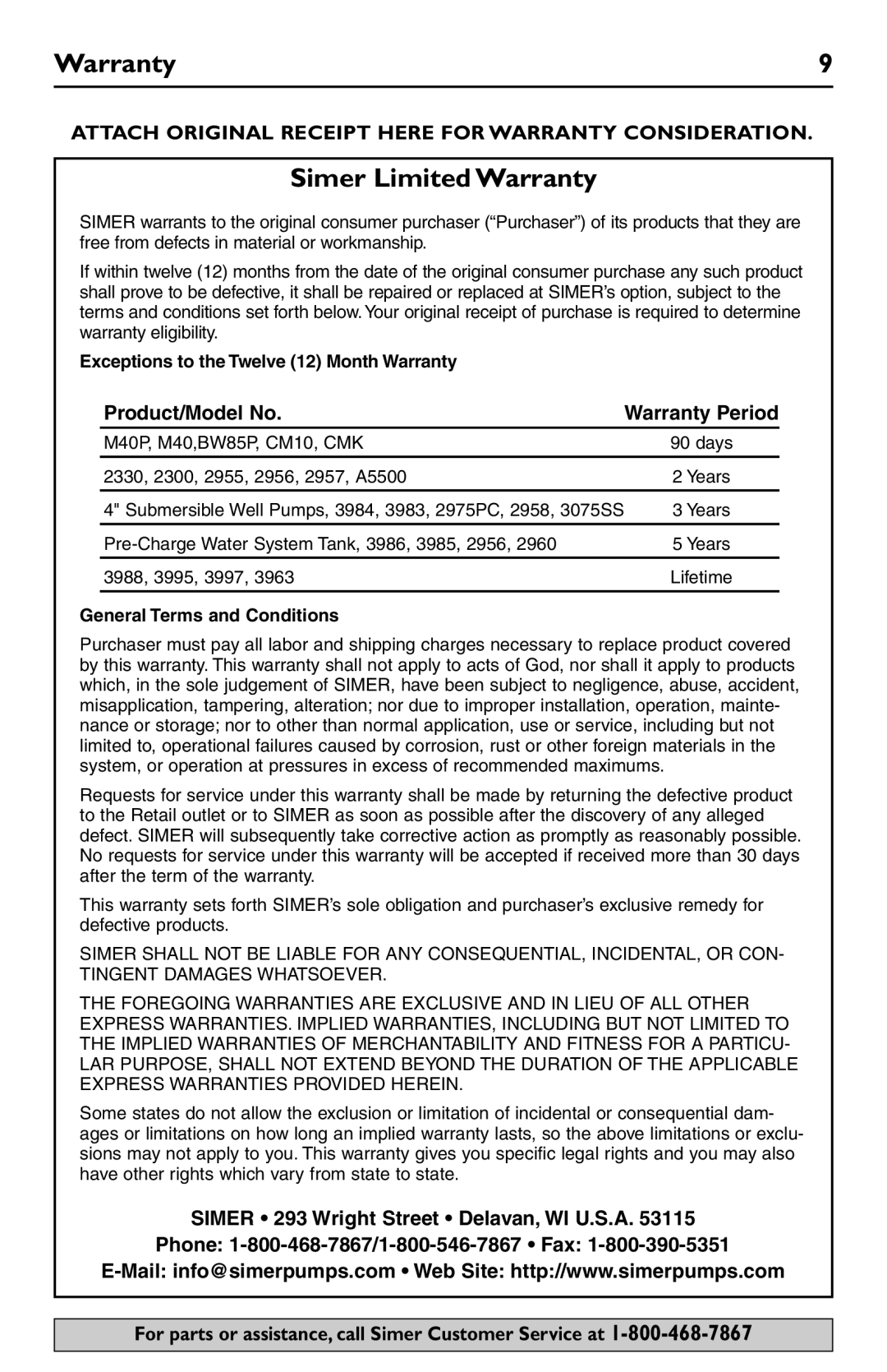 Simer Pumps 3986, 3985, 3983, 3988, 3984 owner manual Simer Limited Warranty 