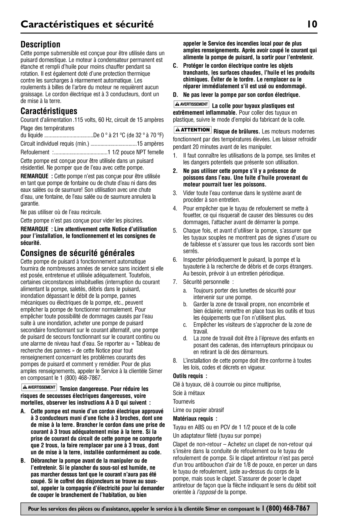 Simer Pumps 3989 owner manual Caractéristiques et sécurité, Description, Consignes de sécurité générales 