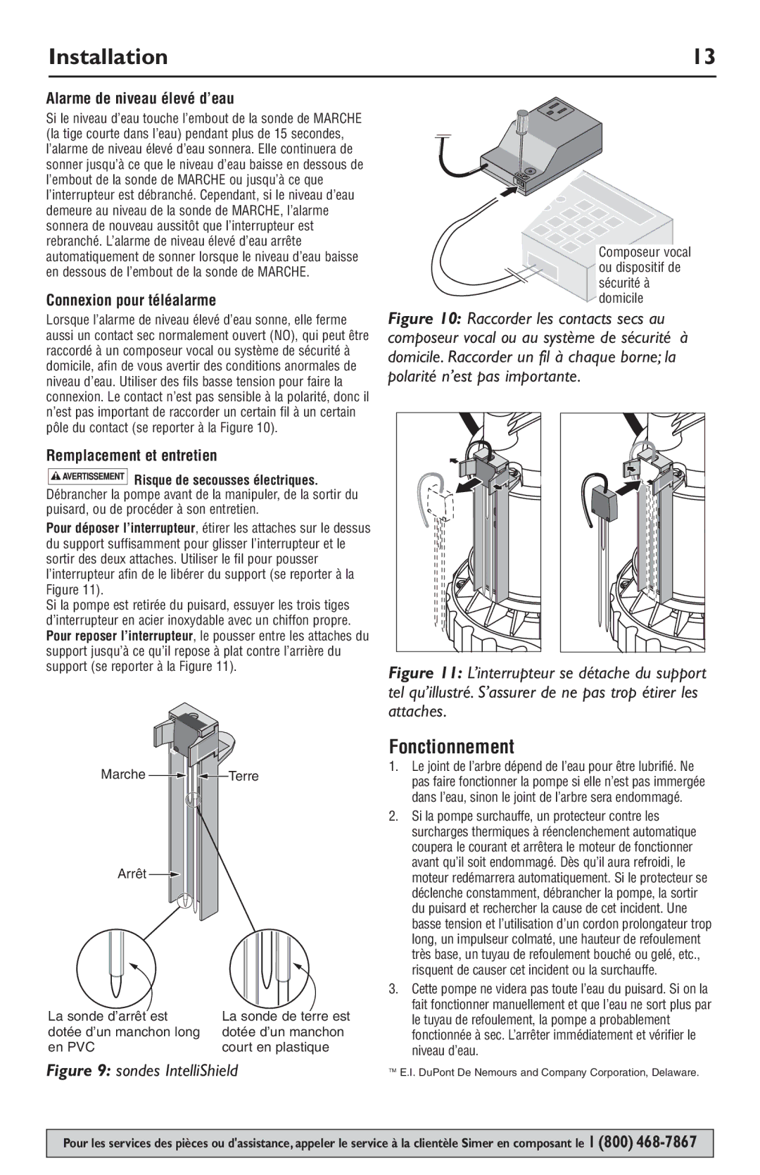 Simer Pumps 3989 Fonctionnement, Alarme de niveau élevé d’eau, Connexion pour téléalarme, Remplacement et entretien 