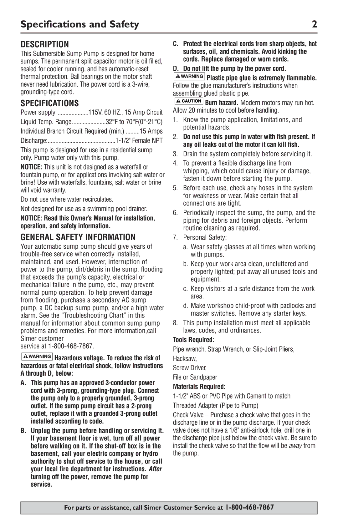 Simer Pumps 3989 owner manual Specifications and Safety, Description, General Safety Information 