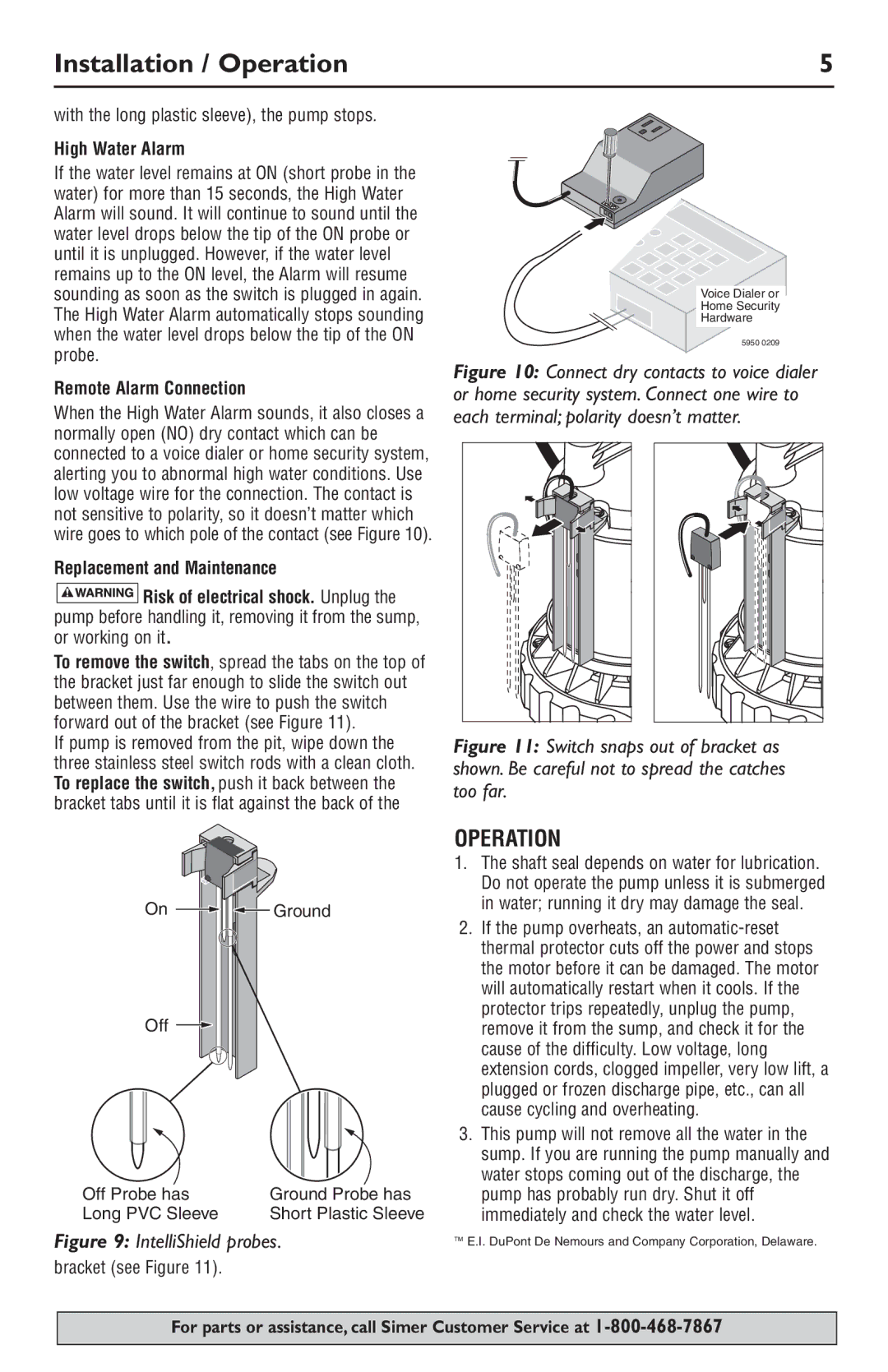 Simer Pumps 3989 owner manual Installation / Operation, High Water Alarm, Remote Alarm Connection, Short Plastic Sleeve 