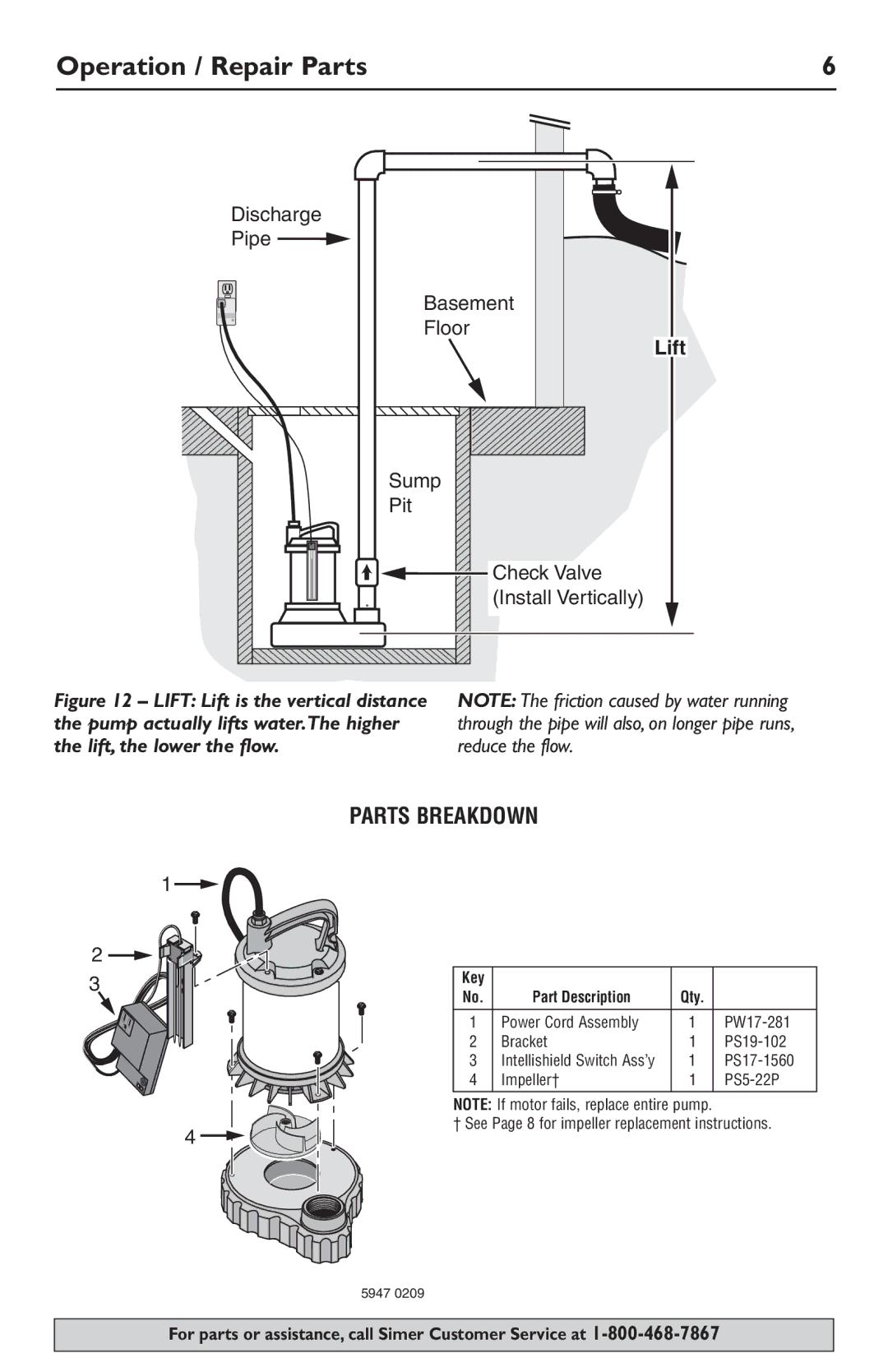 Simer Pumps 3989 owner manual Operation / Repair Parts, Parts Breakdown, Key Part Description, PS17-1560 