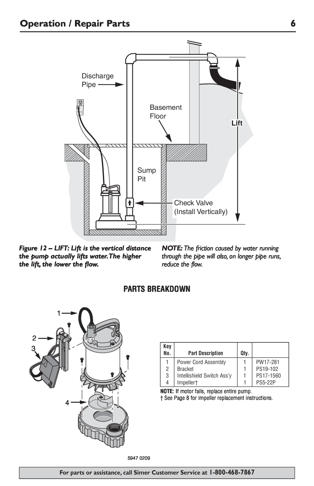 Simer Pumps 3989 Operation / Repair Parts, Parts Breakdown, Discharge Pipe, Basement, Floor, Lift, Sump, Check Valve 