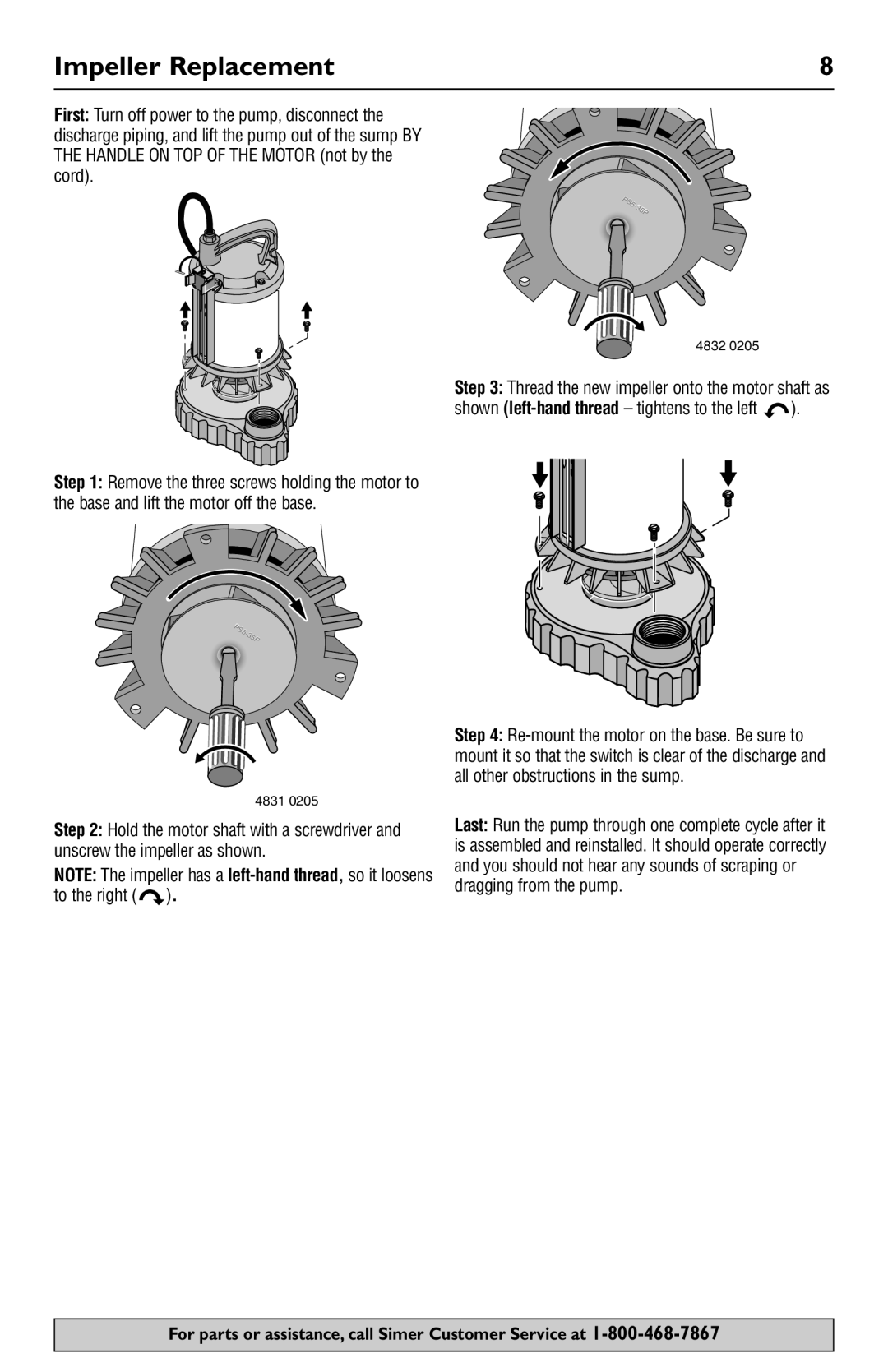 Simer Pumps 3989 owner manual Impeller Replacement, shown left-handthread - tightens to the left 