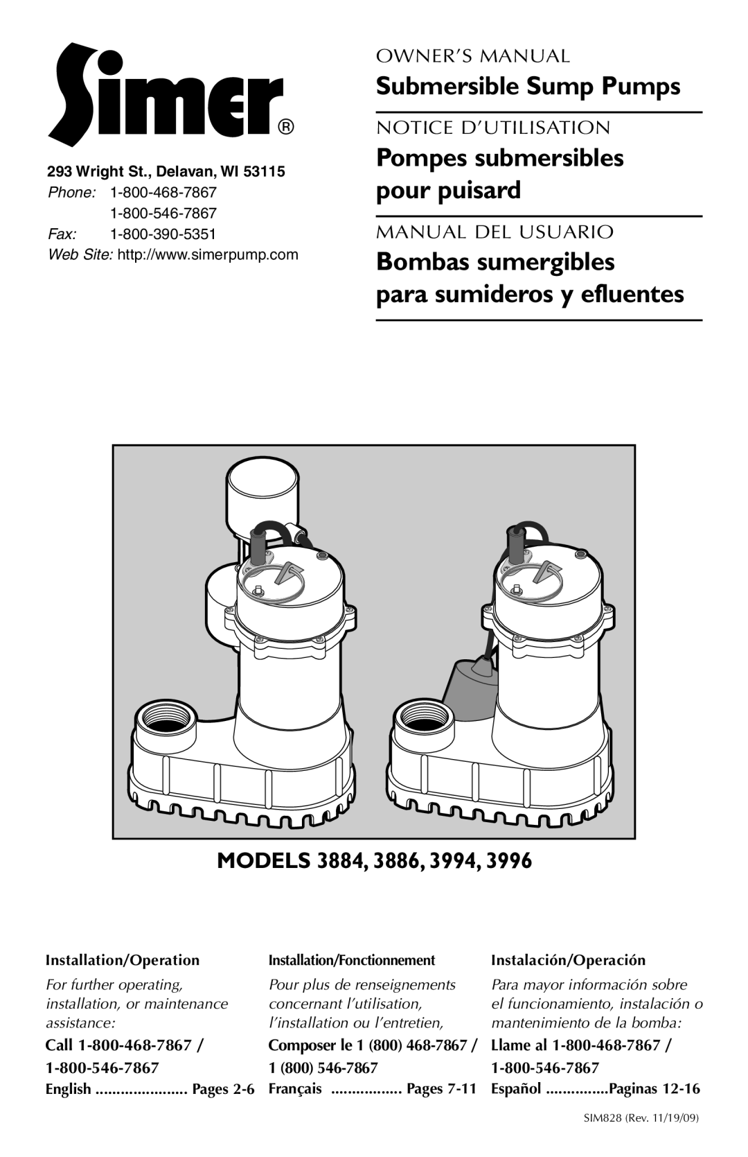 Simer Pumps 3996 owner manual Bombas sumergibles Para sumideros y efluentes, Models 3884, 3886, 3994 