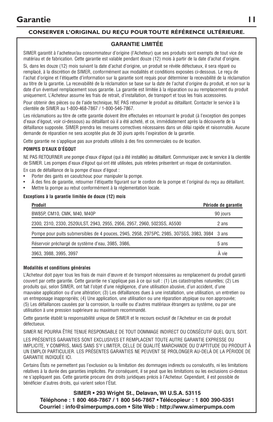 Simer Pumps 3886, 3994, 3996, 3884 owner manual Garantie, Pompes D’EAUX D’ÉGOUT 