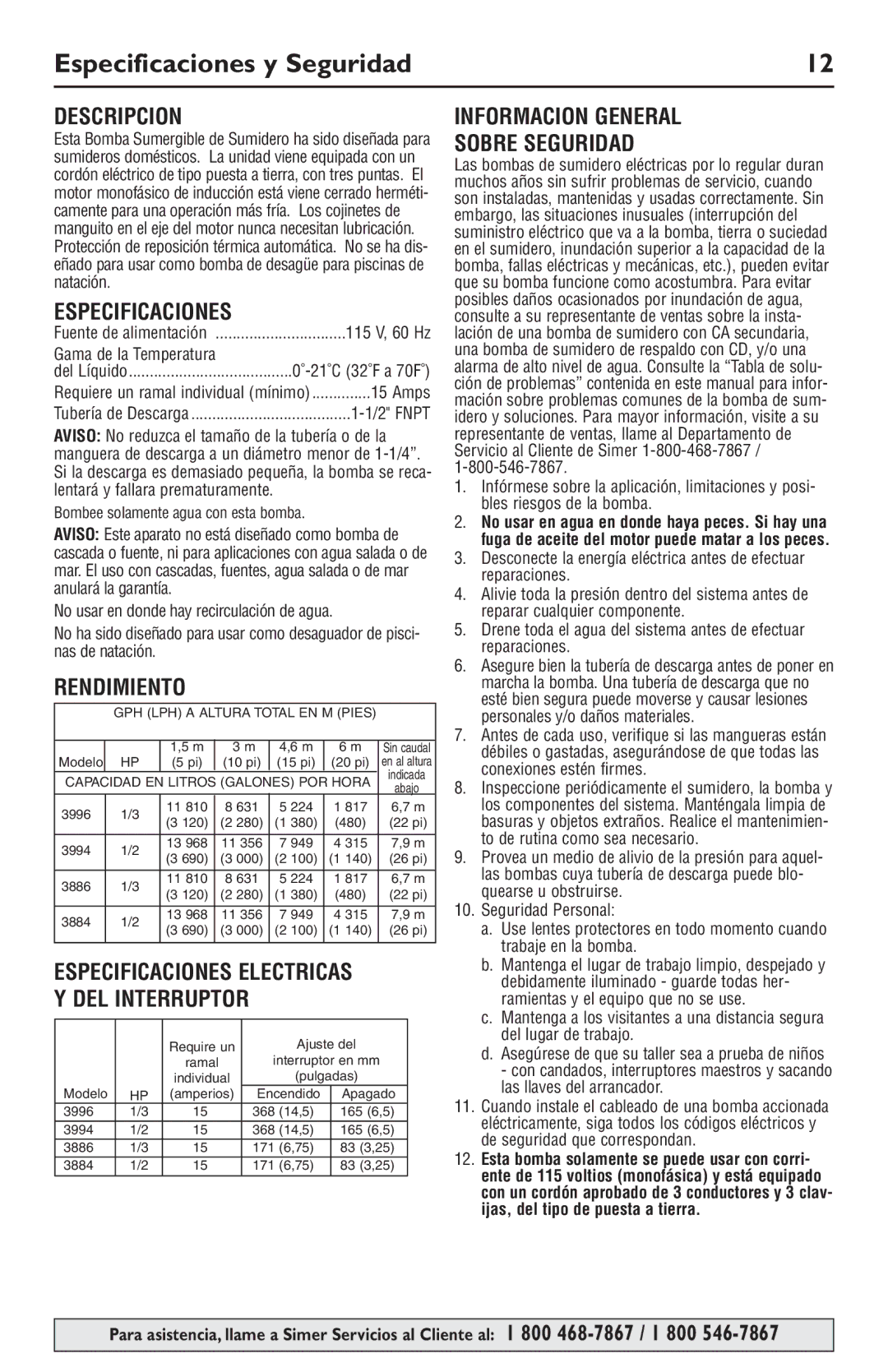 Simer Pumps 3994, 3996, 3884 Especificaciones y Seguridad, Descripcion, Rendimiento, Informacion General Sobre Seguridad 