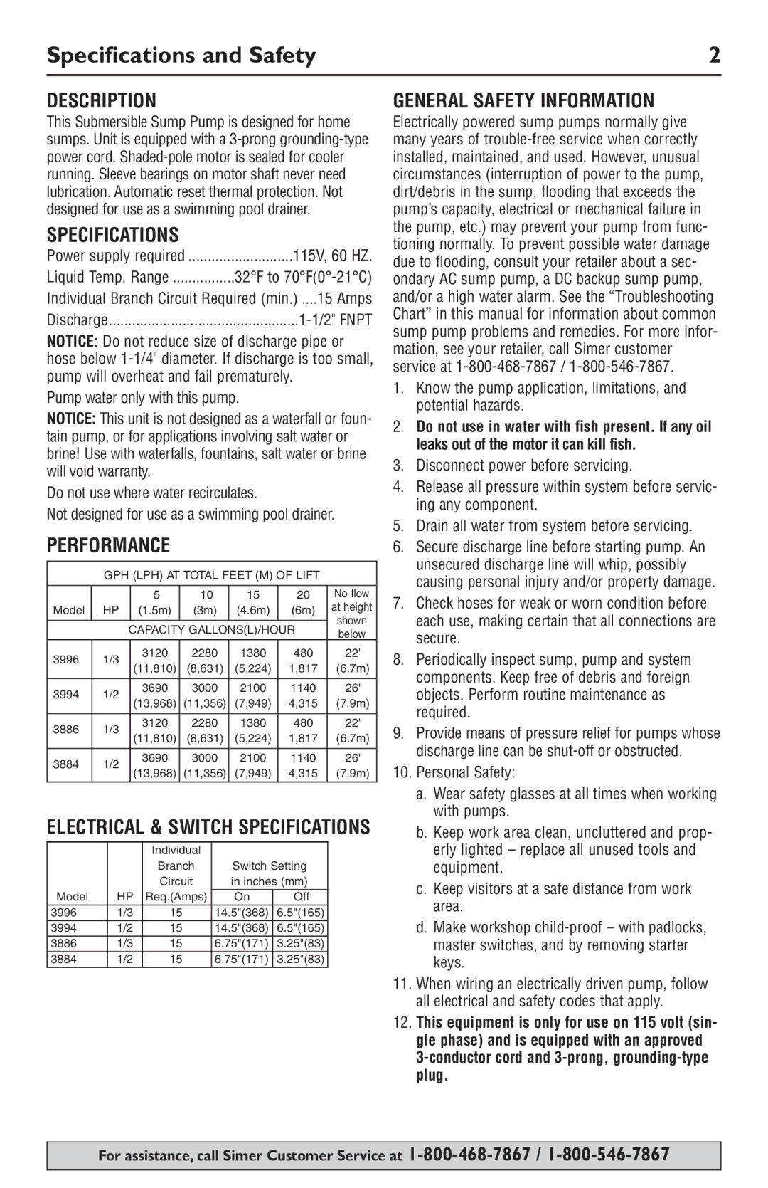 Simer Pumps 3884, 3994, 3996, 3886 Specifications and Safety, Description, Performance, General Safety Information 