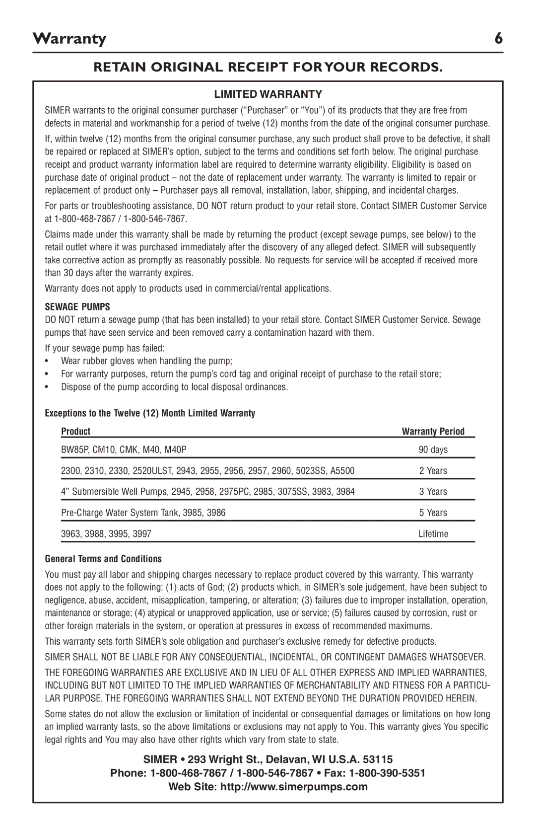 Simer Pumps 3884, 3994, 3996, 3886 owner manual Warranty, Retain Original Receipt for Your Records 