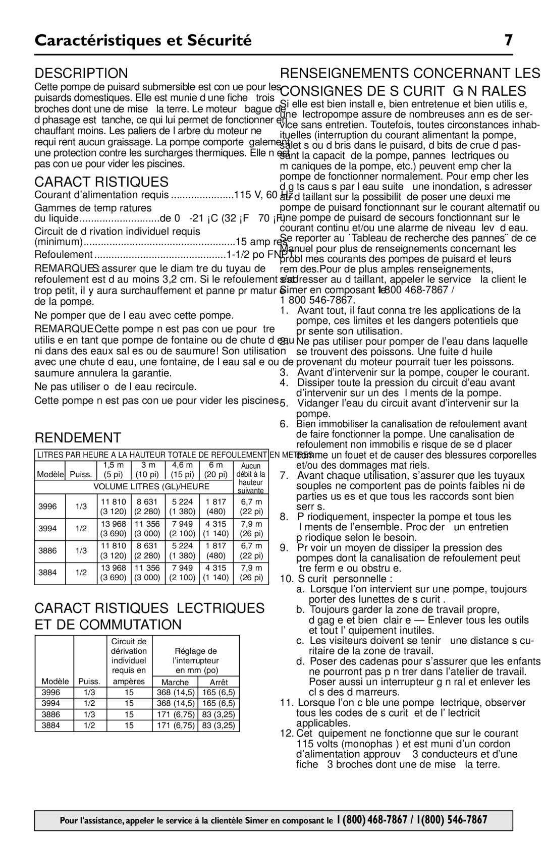 Simer Pumps 3886, 3994, 3996, 3884 owner manual Caractéristiques et Sécurité, Rendement 