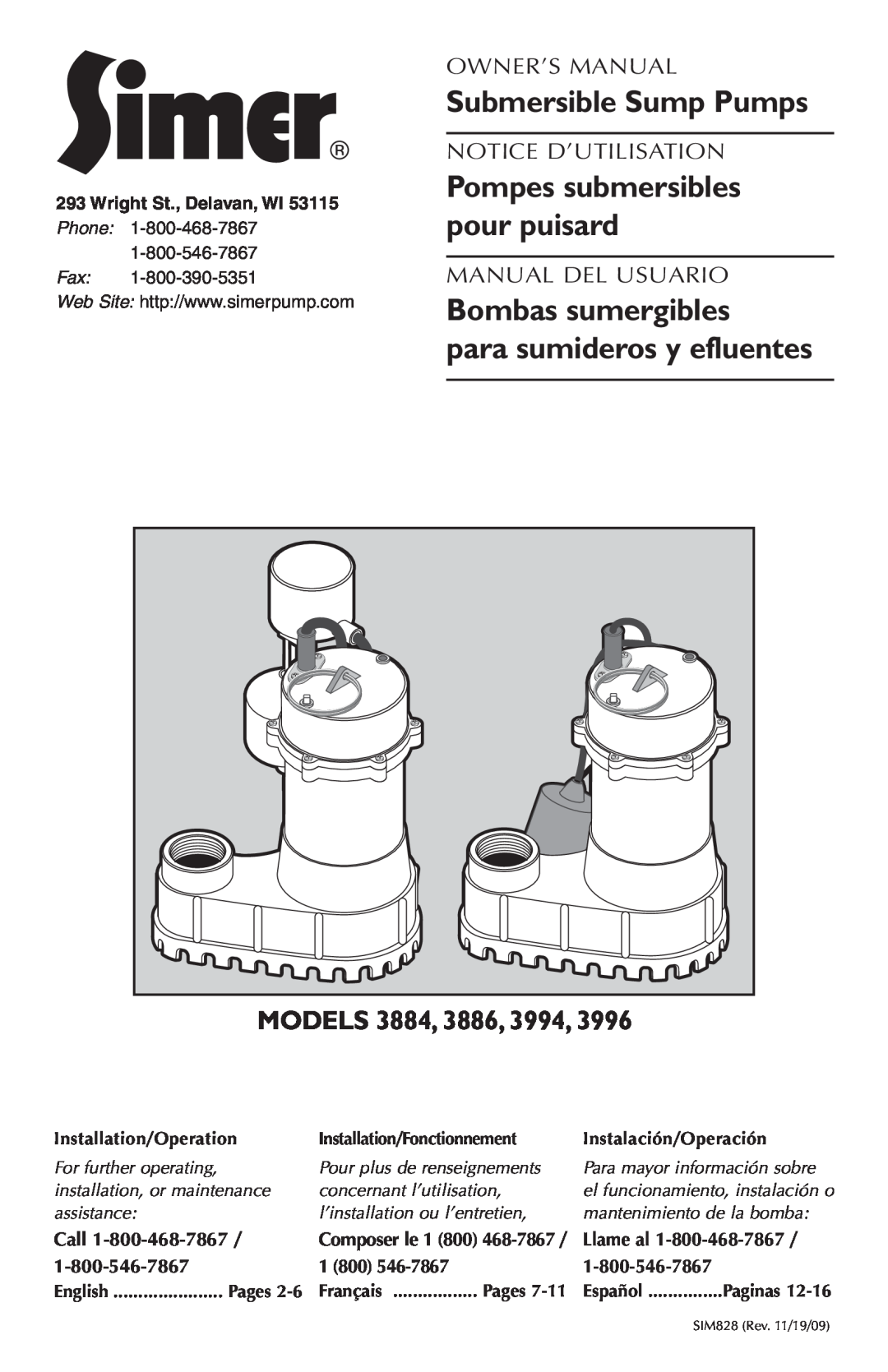 Simer Pumps 3996 owner manual Models, Wright St., Delavan, WI, Installation/Operation, Installation/Fonctionnement, Call 