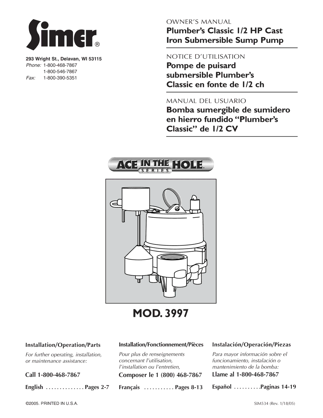 Simer Pumps 3997 owner manual Paginas, English Pages 2-7 Français, Español 