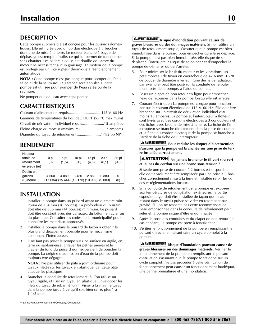 Simer Pumps 3997 owner manual Caractéristiques, Rendement 