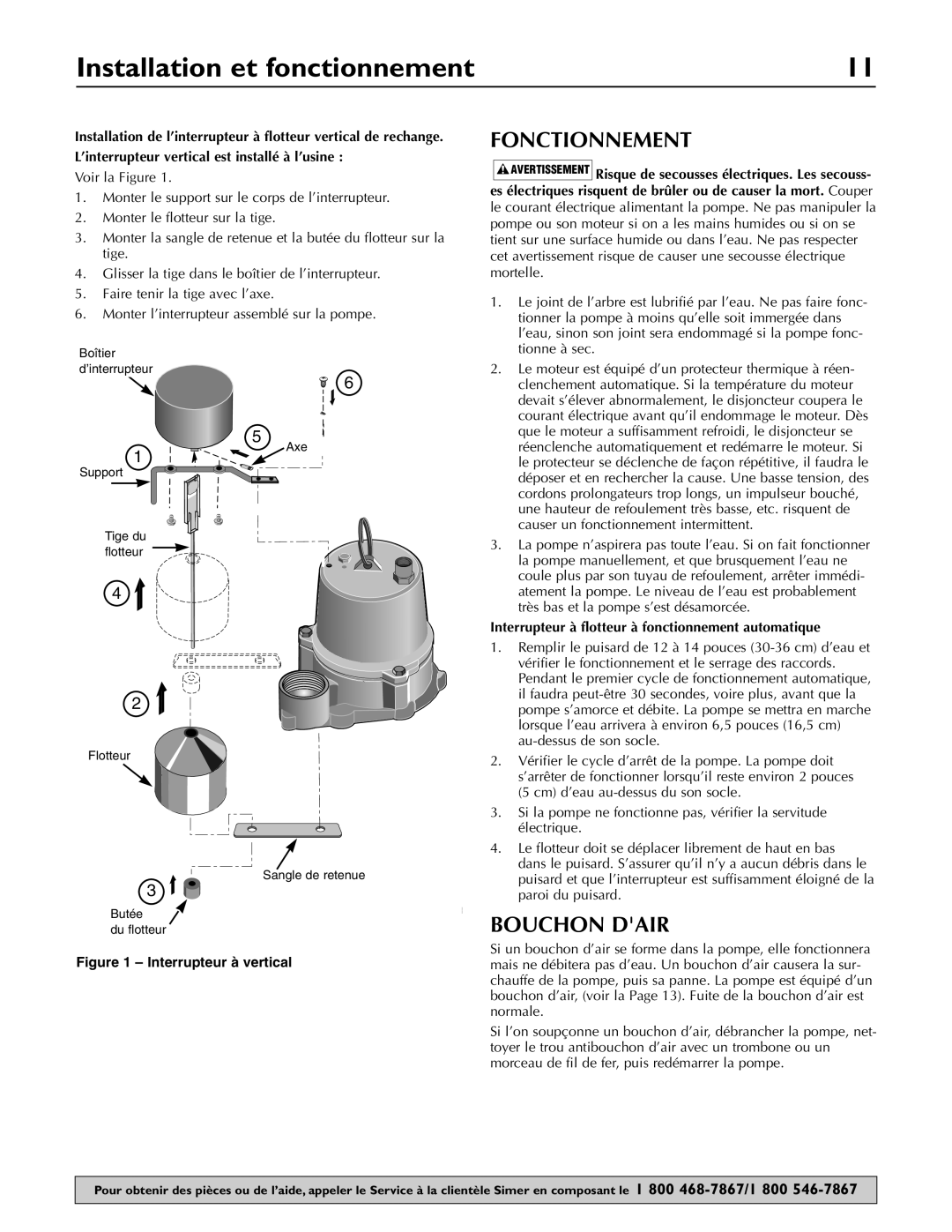 Simer Pumps 3997 owner manual Installation et fonctionnement, Fonctionnement, Bouchon Dair 