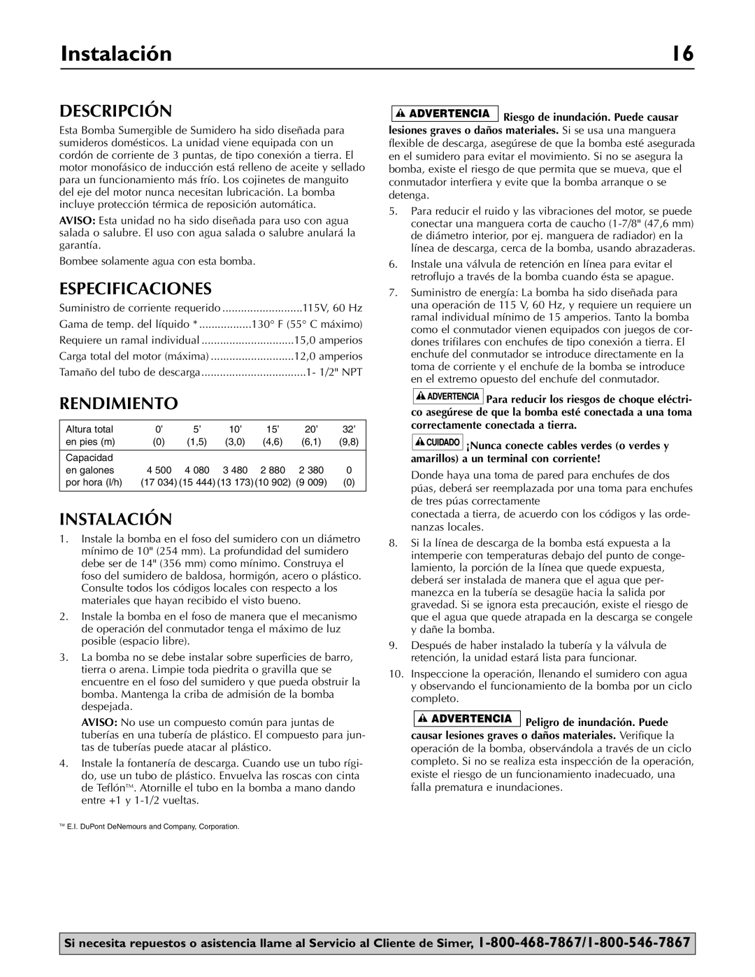 Simer Pumps 3997 owner manual Instalación, Descripción, Especificaciones, Rendimiento 