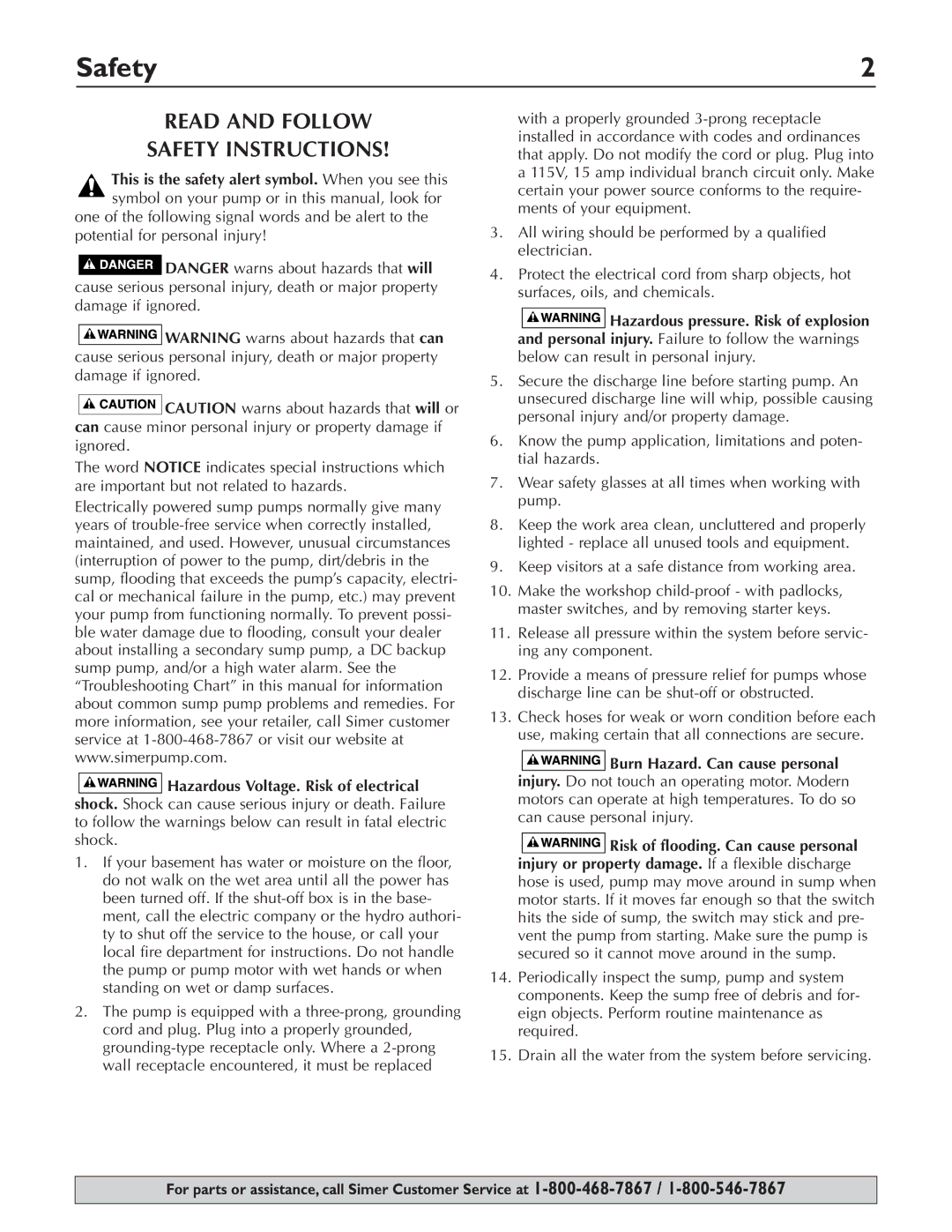 Simer Pumps 3997 owner manual Read and Follow Safety Instructions, This is the safety alert symbol. When you see this 