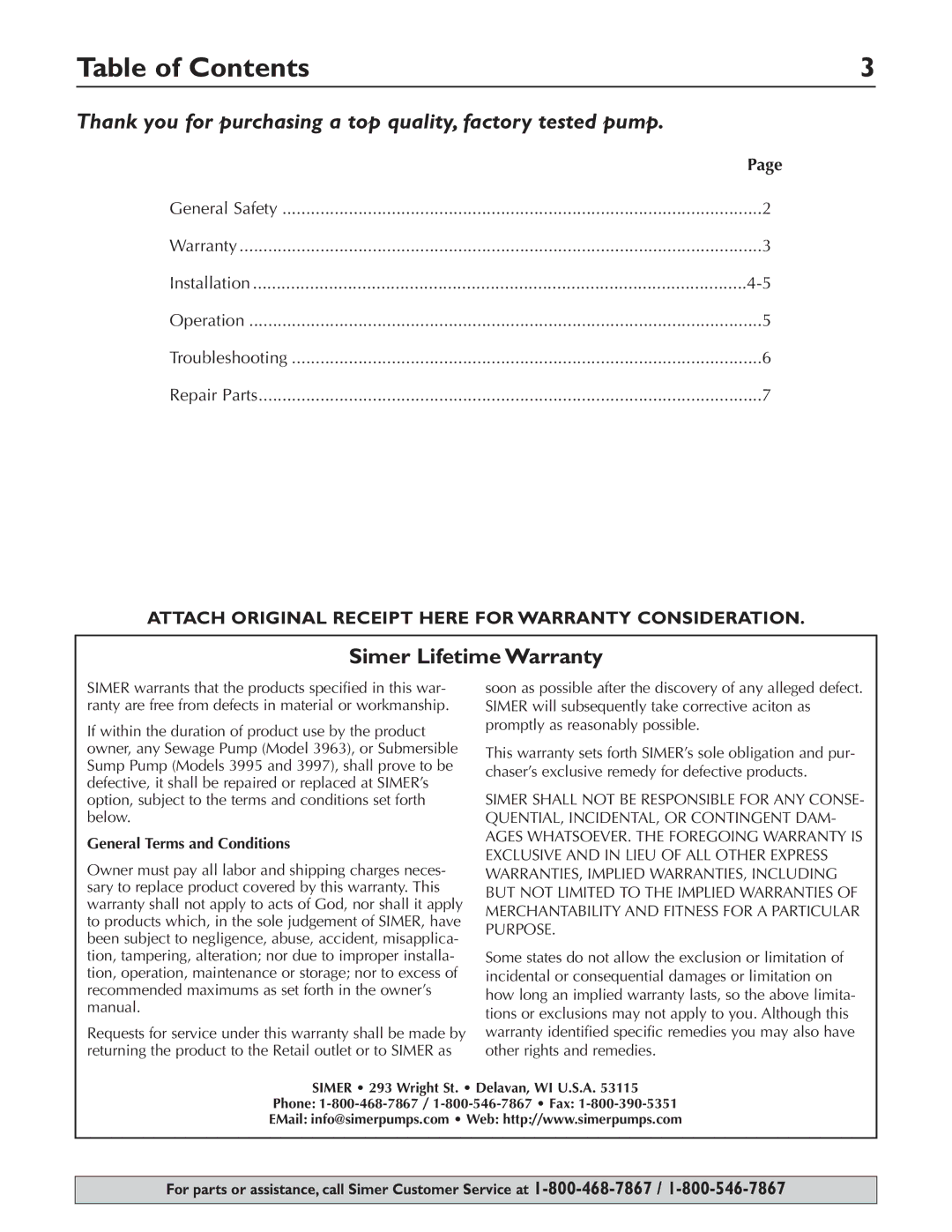 Simer Pumps 3997 owner manual Table of Contents 