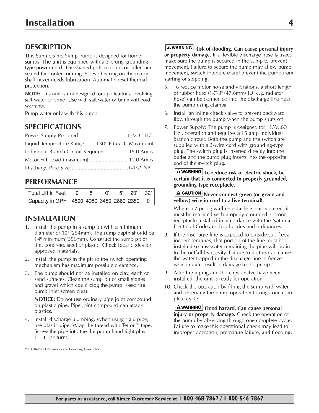 Simer Pumps 3997 owner manual Installation, Description, Specifications, Performance 