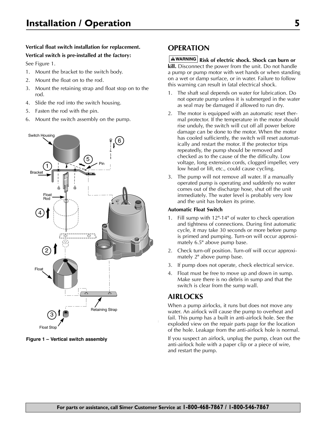 Simer Pumps 3997 owner manual Installation / Operation, Airlocks, Automatic Float Switch 