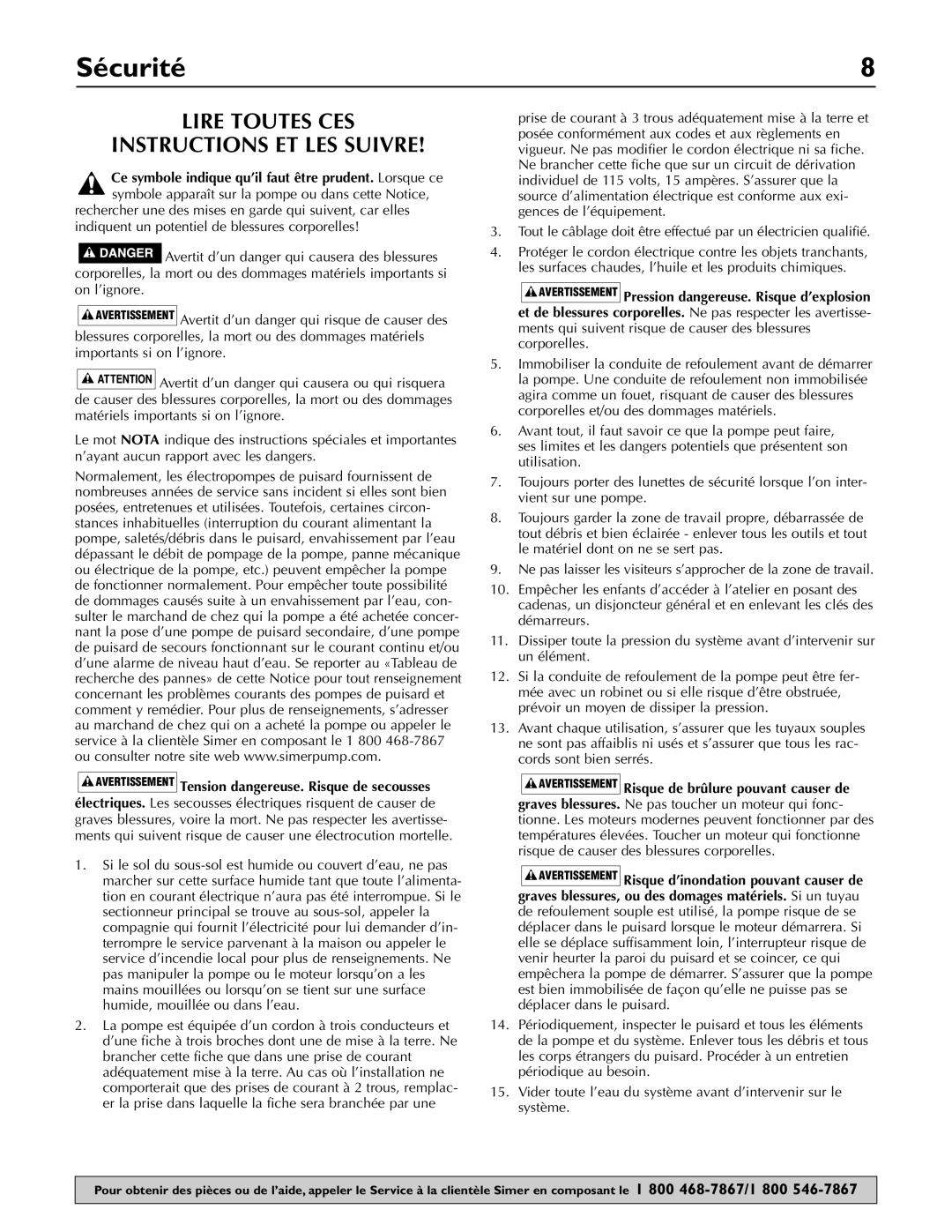 Simer Pumps 3997 owner manual Sécurité, Lire Toutes CES Instructions ET LES Suivre 