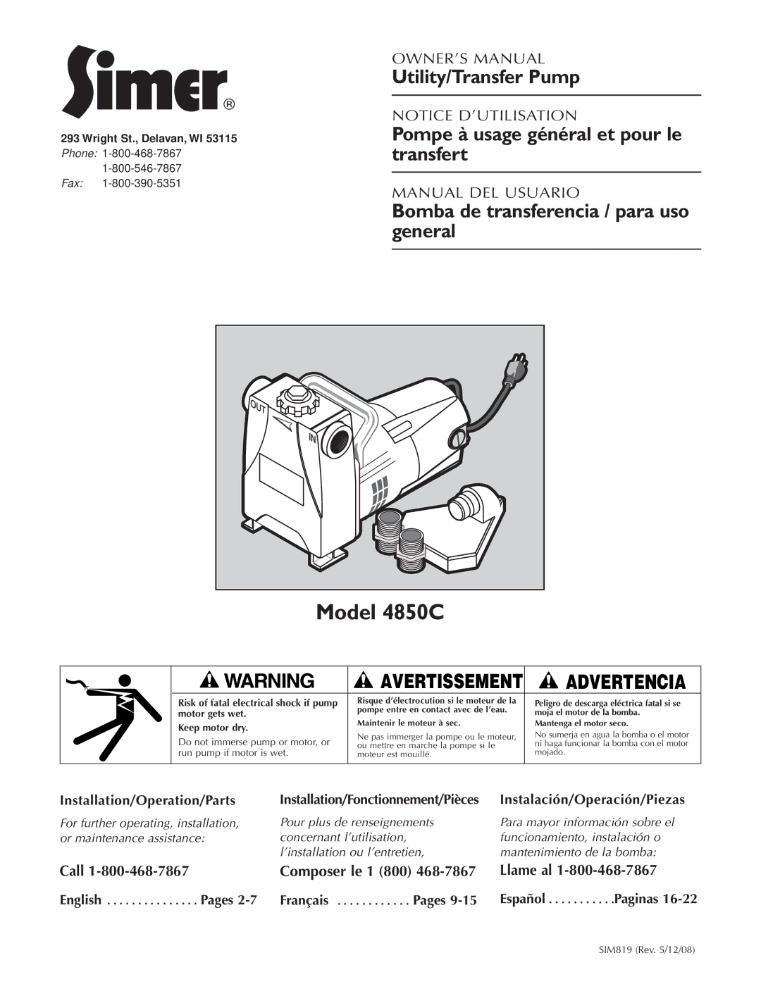 Simer Pumps owner manual Model 4850C, Wright St., Delavan, WI, Phone Fax, English 