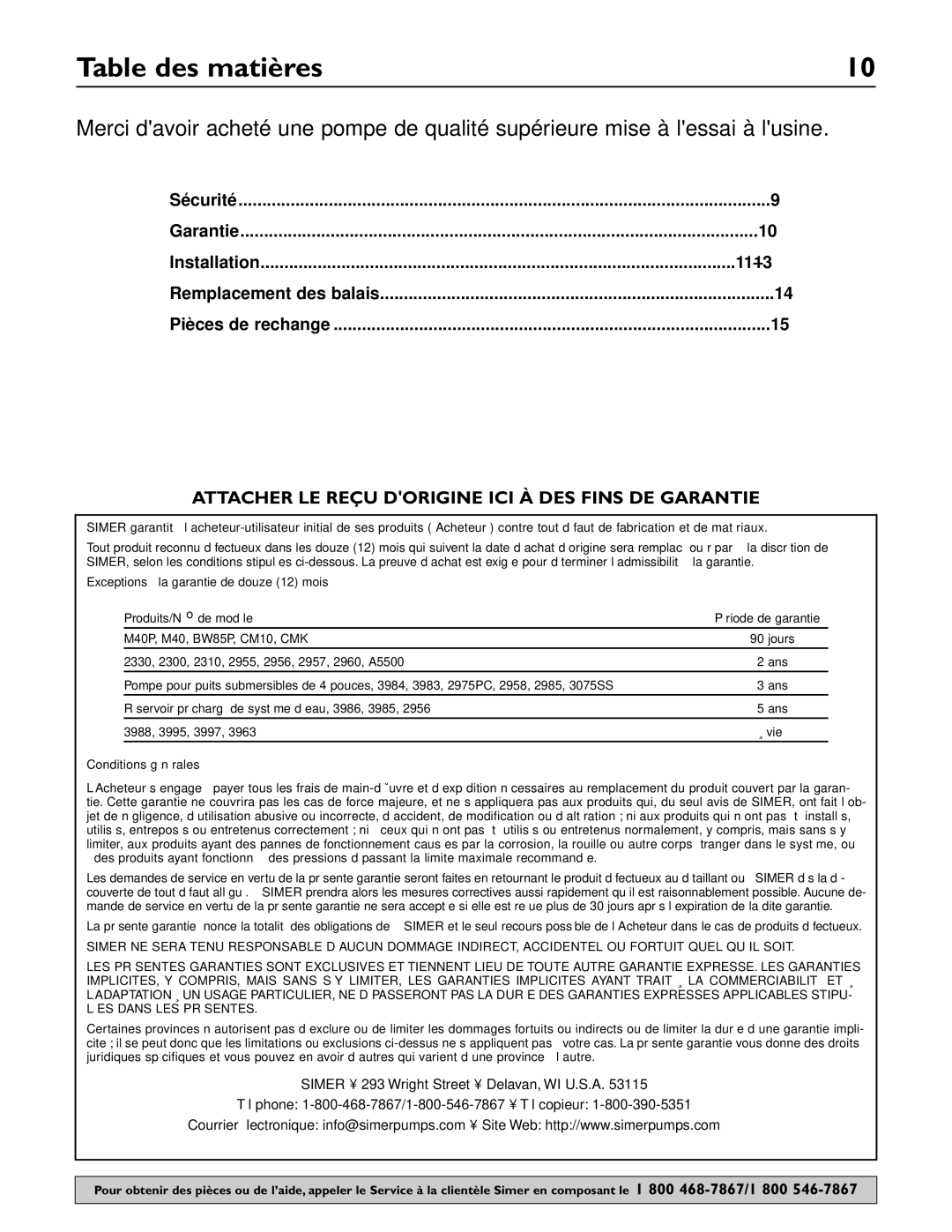 Simer Pumps 4850C owner manual Table des matières, Sécurité Garantie, Remplacement des balais Pièces de rechange 