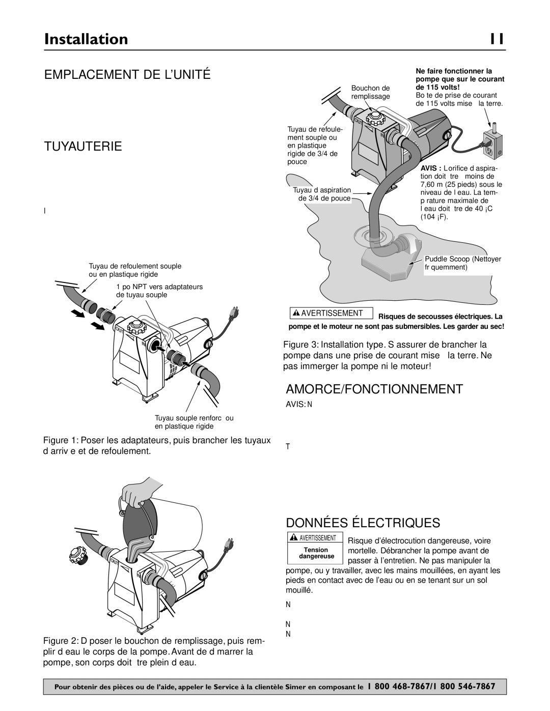 Simer Pumps 4850C owner manual Emplacement DE L’UNITÉ, Tuyauterie, Amorce/Fonctionnement, Données Électriques 