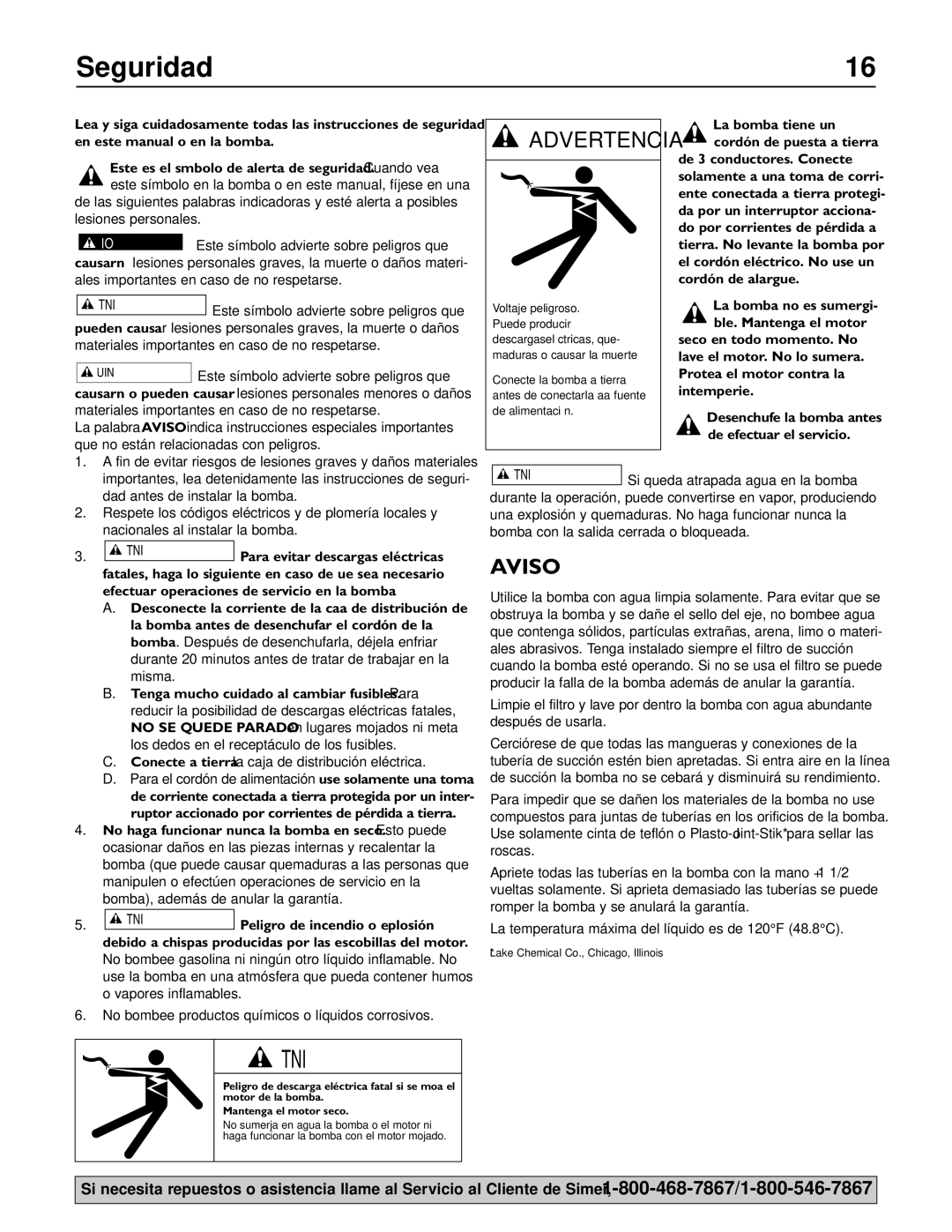 Simer Pumps 4850C owner manual Seguridad, Aviso 