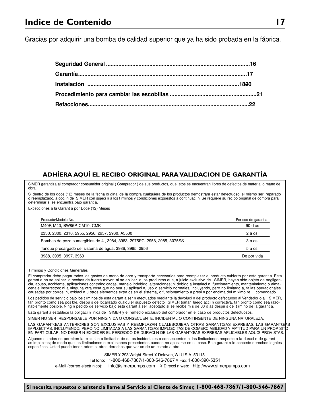 Simer Pumps 4850C Indice de Contenido, Seguridad General Garantía, Refacciones, Teléfono 1-800-468-7867/1-800-546-7867 Fax 